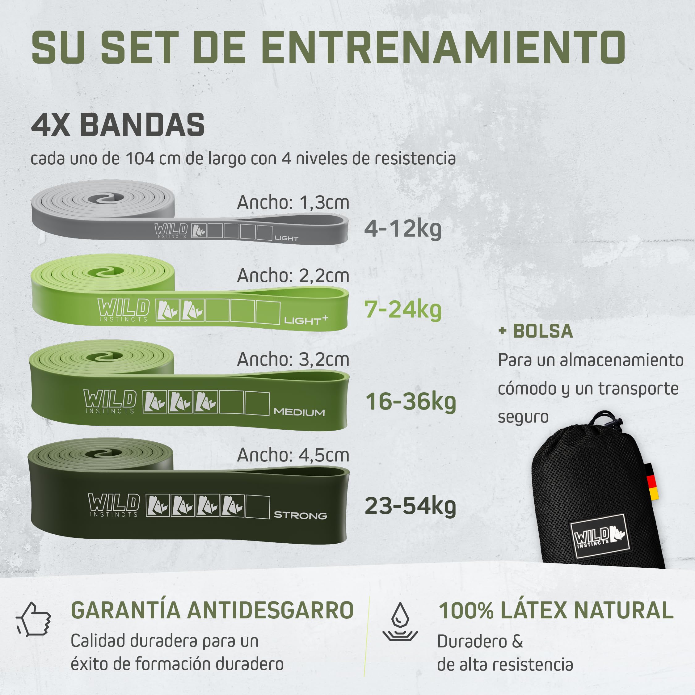 Wild Instincts® Bandas de Resistencia/Bandas Elásticas para Dominadas / 5 Bandas de Entrenamiento Individualmente y en un Set/Banda Elástica Fitness/Bandas Elásticas Musculación