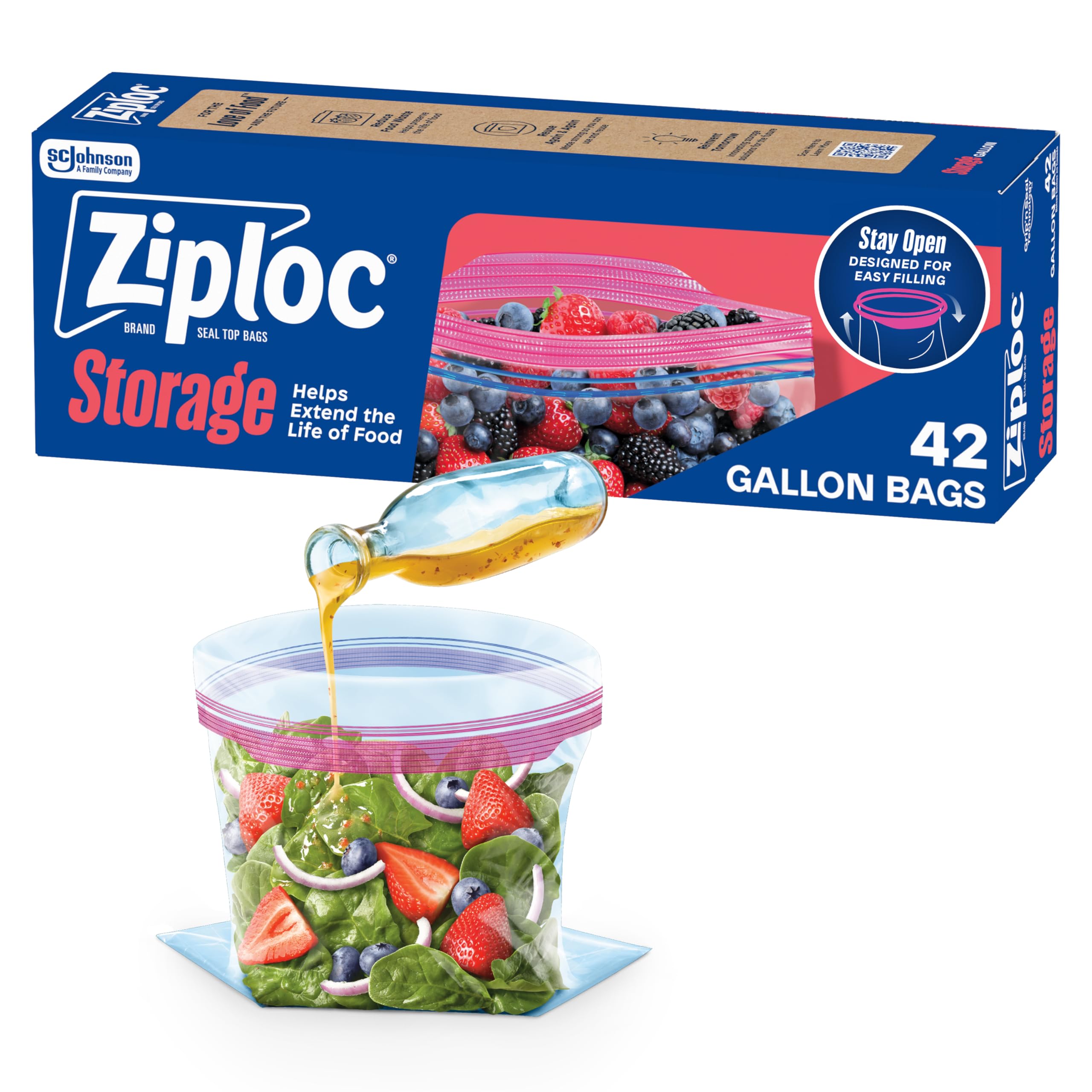 Ziploc Gallon Food Storage Bags Stay Open Design with Stand-Up Bottom Easy to Fill 42 Count Packaging May
