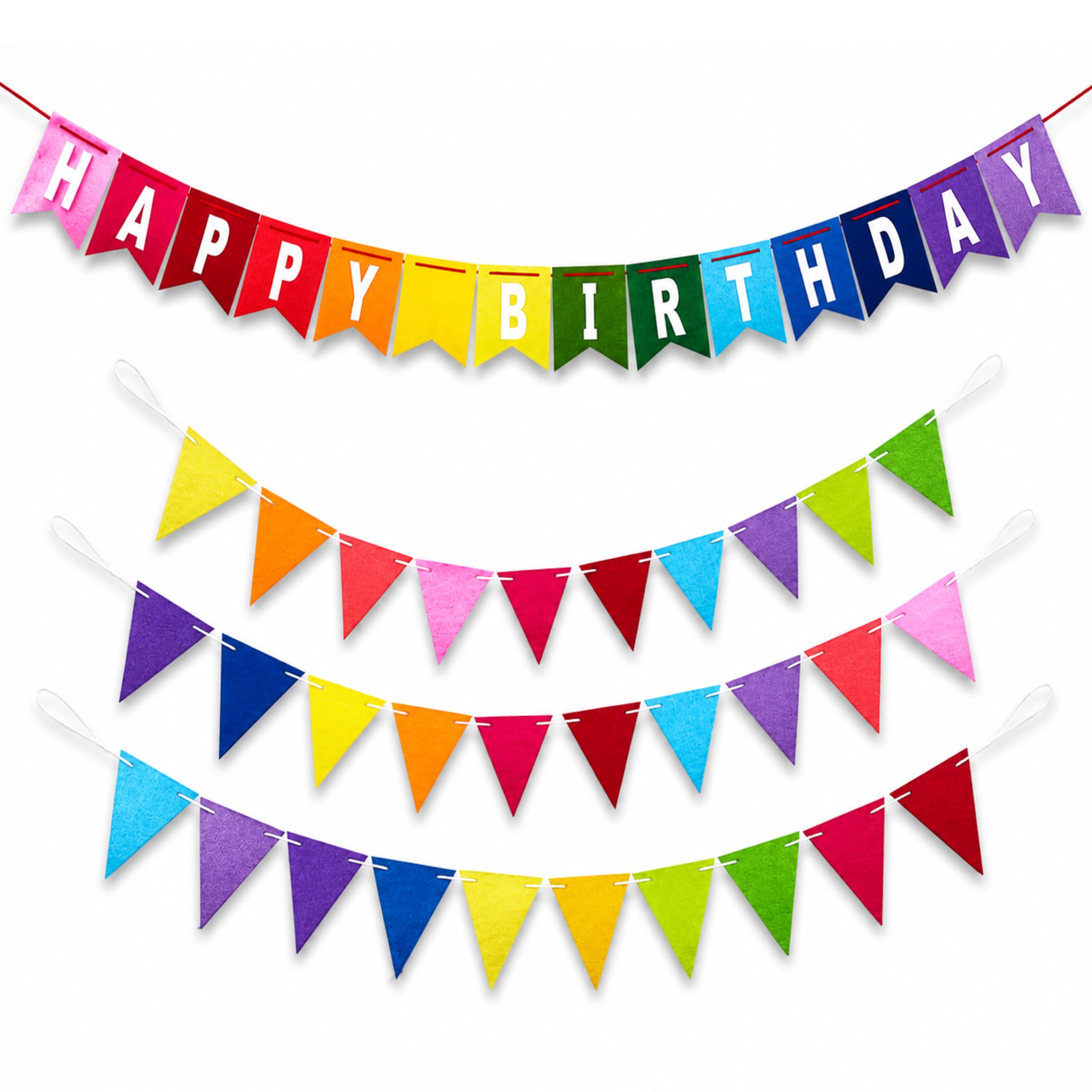 Happy Birthday Banner und mehrfarbige Wimpelkette Set, Filz Party Dekorationen, insgesamt 4 Stück