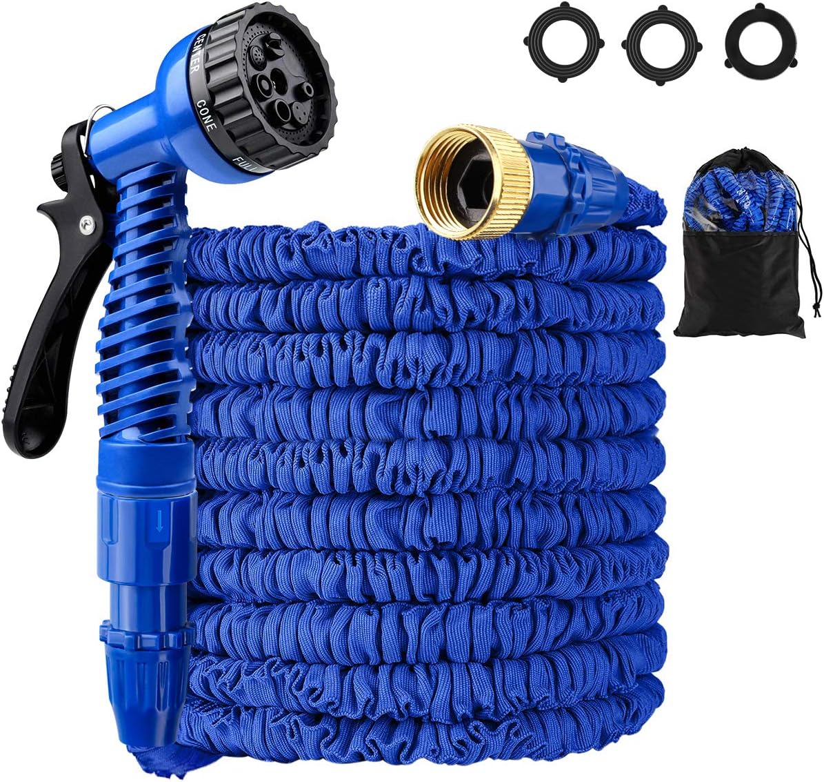 Expandable Garden Hose Kit, LOKMAN 50ft Stretchable Flex Water Hose with 7 Function Nozzle and 3/4'' Solid Brass Fittings. Flexible Lightweight Shrink Hose for Outdoor Garden Lawn Car Plants. ( 50ft )
