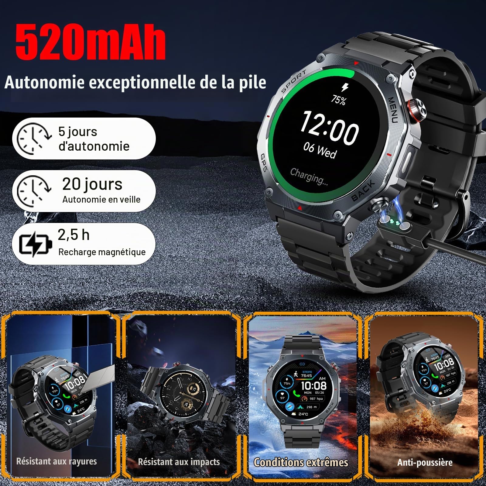 Montre Connectée Homme GPS, 1.43"AMOLED Smartwatch Torche LED 5ATM Étanche | Militaire Montre Sport Compass/GPS/SOS/Fréquence Cardiaque/Sommeil, Montre Intelligente Appel Bluetooth pour Android iOS Noir