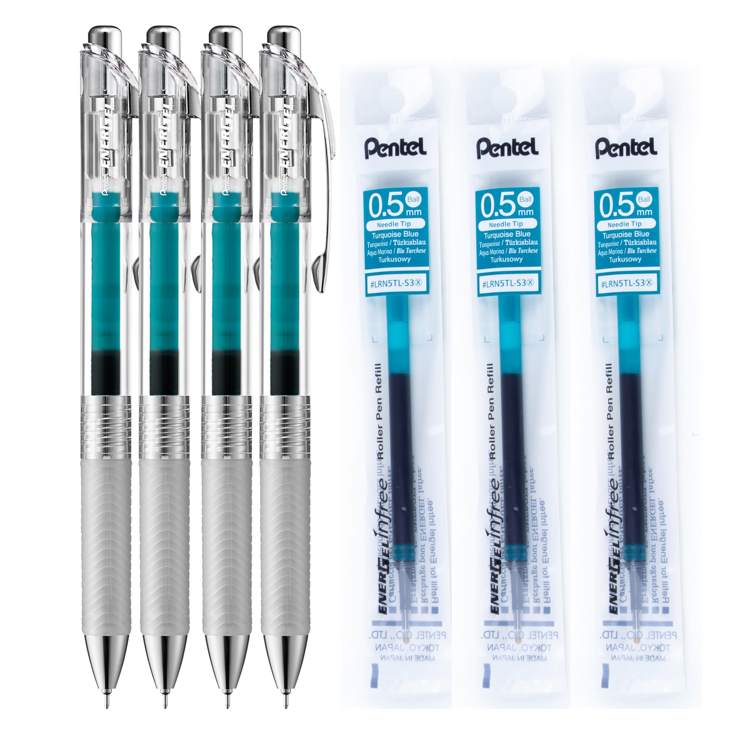 Pentel EnerGel InFree Retractable Liquid Gel Rollerball, 0.5mm Needle Tip, Turquoise Ink, 4 Pens + 3 Refills