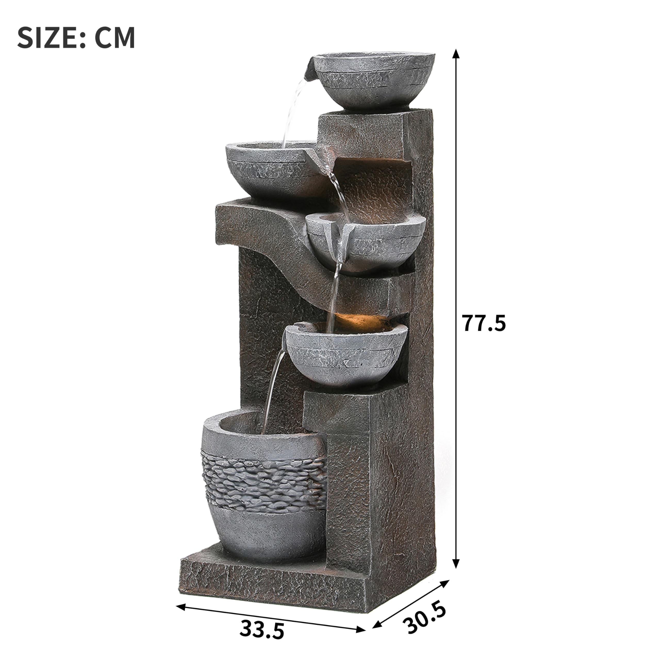 Fuente de Agua para Jardín y Exteriores, Fuente de Jardín con Iluminación LED, Cascada de 5 Niveles para Patio, Fuente Decorativa con Bombas, Decoración de Interior para Terraza, Gris