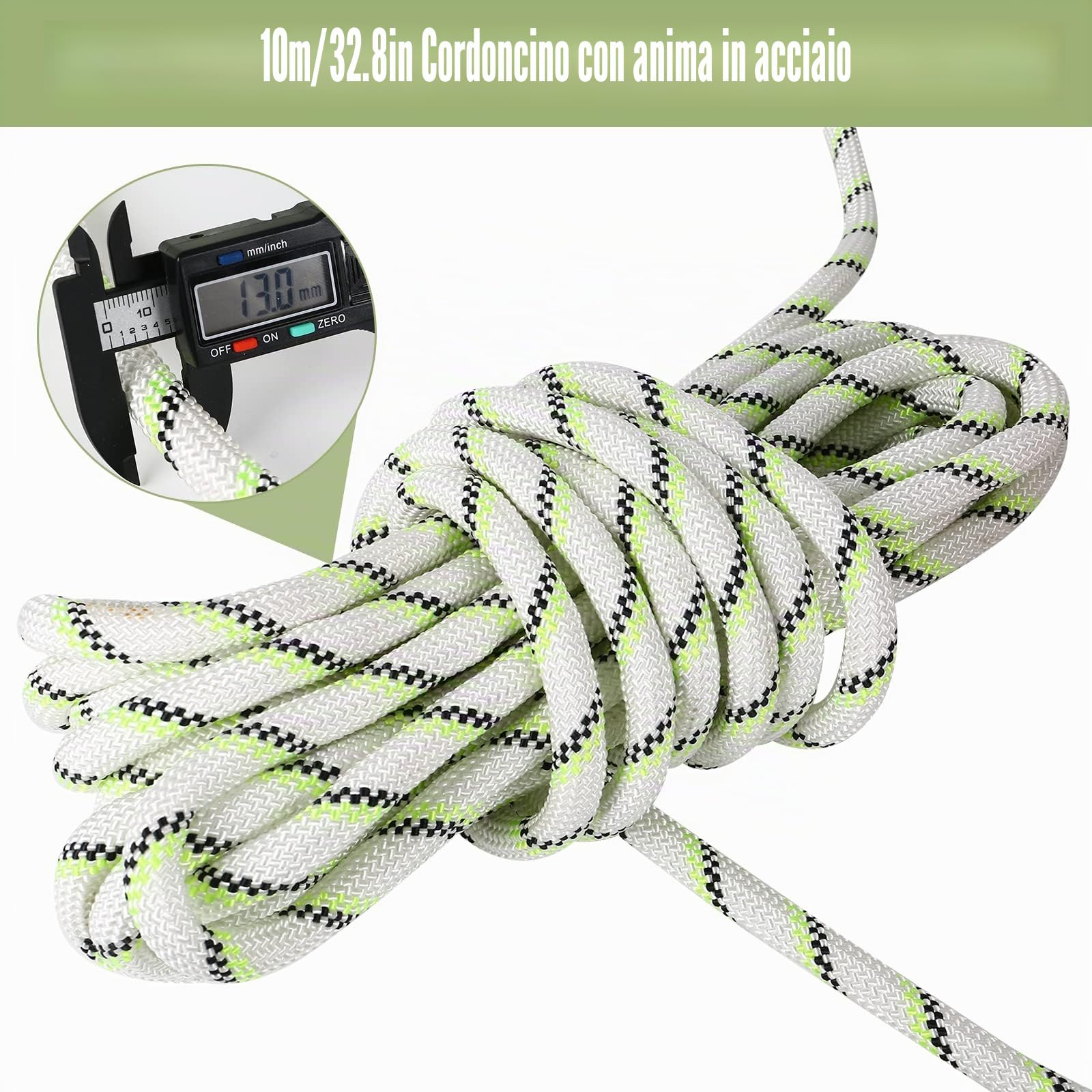 Dispositivo di sicurezza scorrevole su corda kernmantel da 13 mm, con 2 moschettoni da 25 KN, ammortizzatore a nastro, DPI, dispositivo di sicurezza in altezza (10 m)