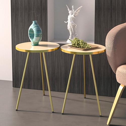 Juego de 2 mesas auxiliares redondas de madera con aspecto de mármol, mesa auxiliar anidable para espacios pequeños, mesita de noche para