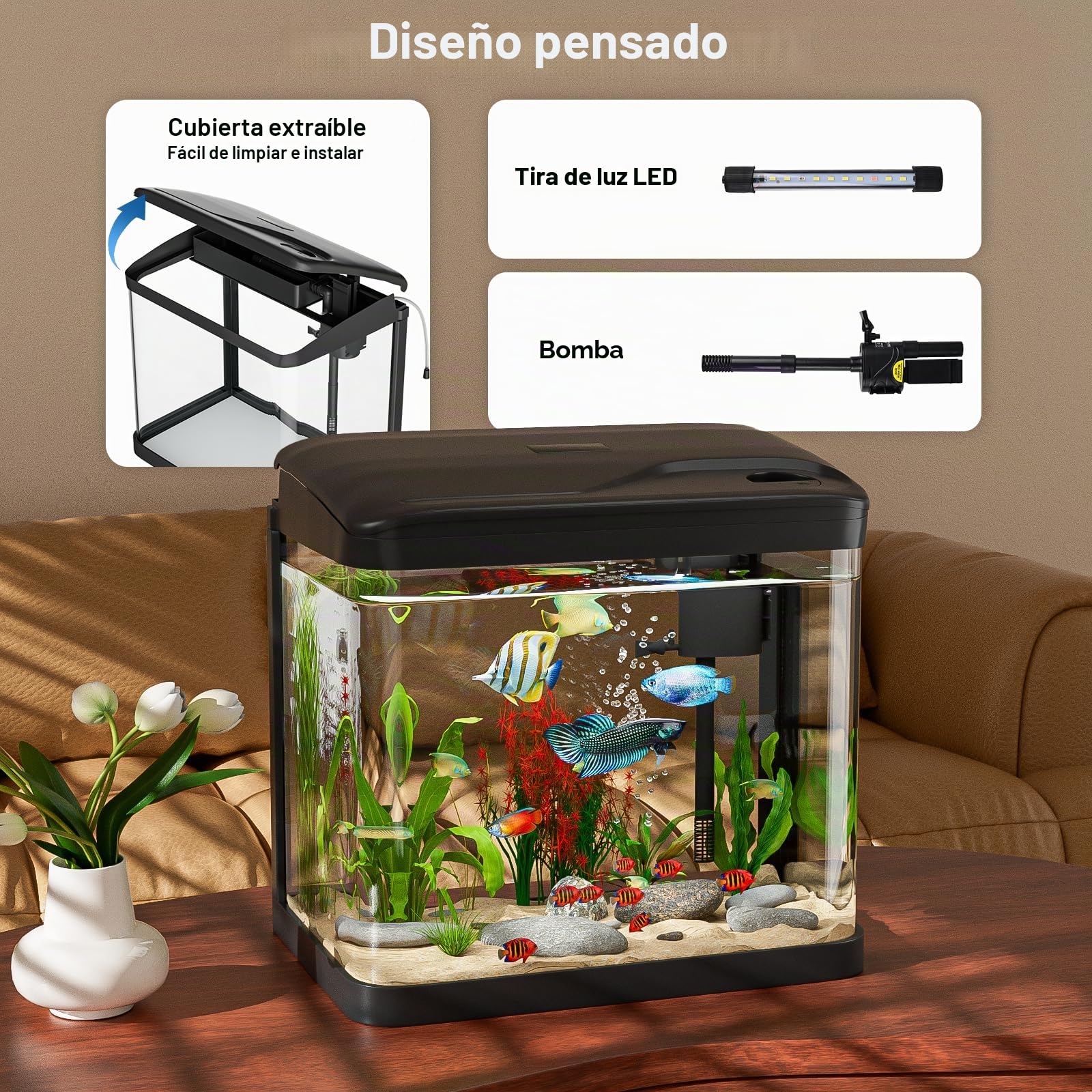 Acuario de Cristal, GuKKK Acuarios y Peceras Completas,Pecera con Sistema de Filtrado Integrado e Iluminación LED,Bajo Ruido y Silencioso,Acuarios de Iniciación, Negro (15L-2)