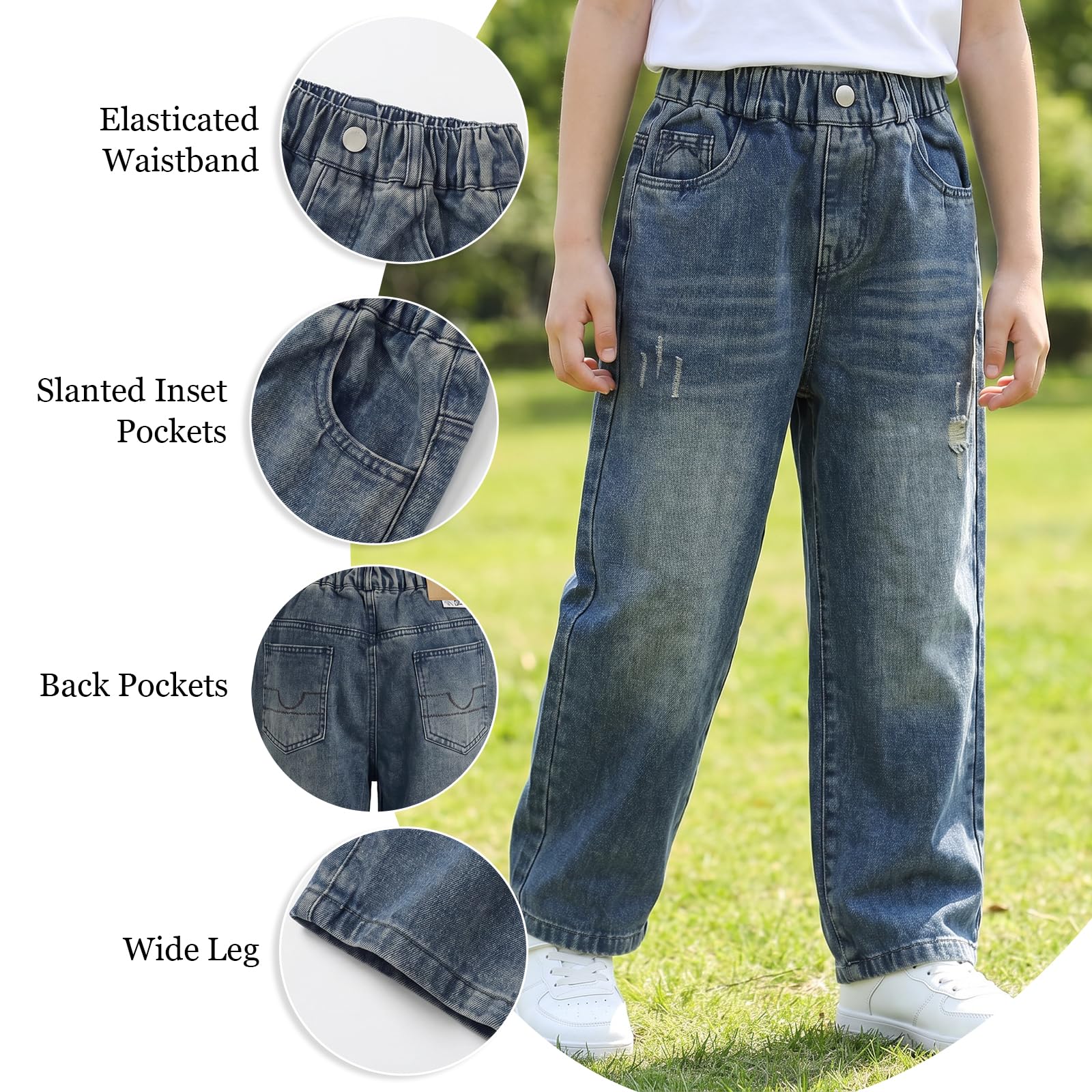 Jeans Baggy Ragazzo Bambino Pantaloni Denim con Vita Elasticizzata Tasche Multiple Casual Loose Fit Gamba Dritta Lunghi Jeans Moda Streetwear Vintage Denim Pants per Ragazzi 7-15 Anni
