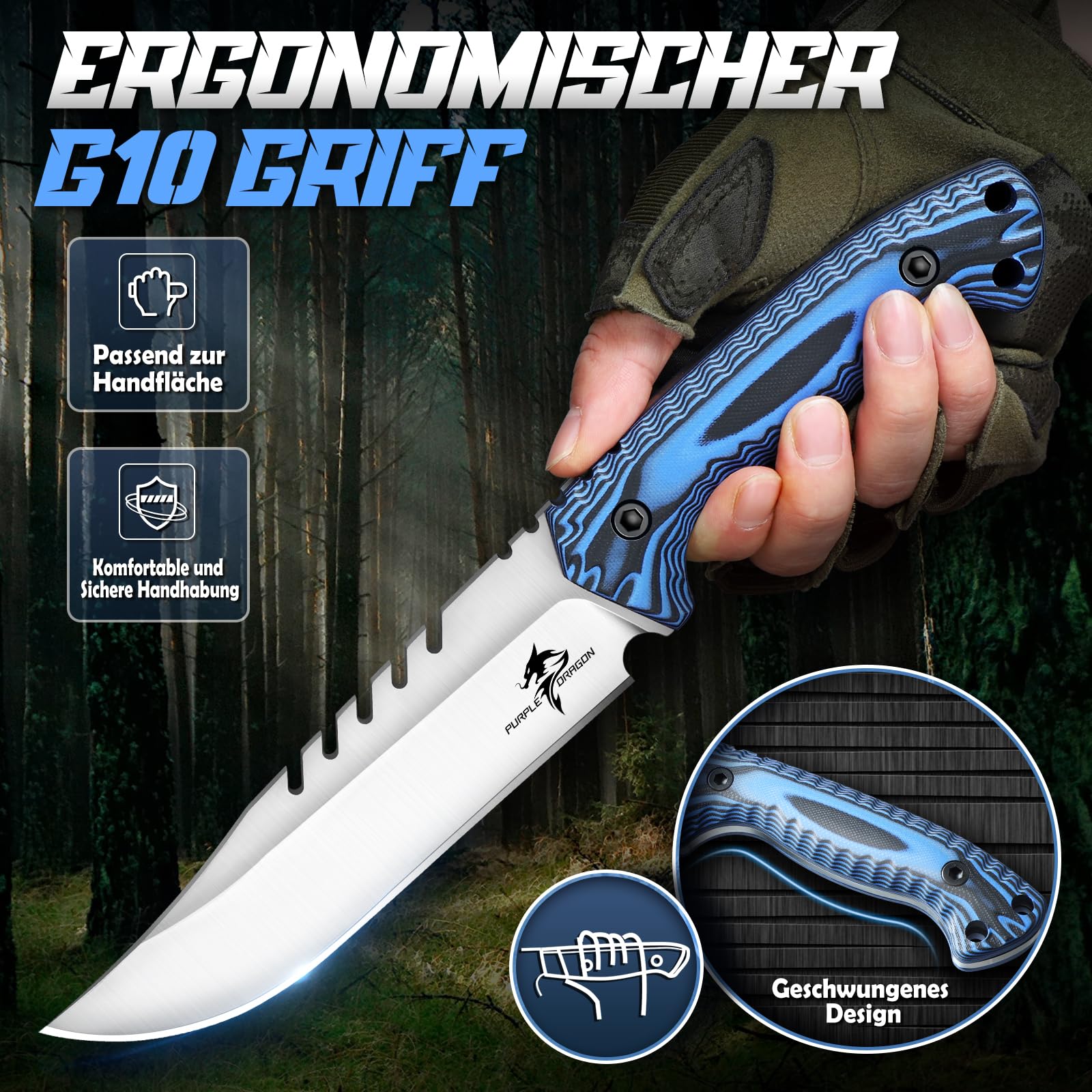 Purple Dragon Full Tang D2 Stahl Outdoor Survival Messer - 6 mm Dicke Klinge, G10 Griff & Kydex Scheide - Robustes Camping Messer für Wildnis und Überlebensaktivitäten Geschenk für Männer