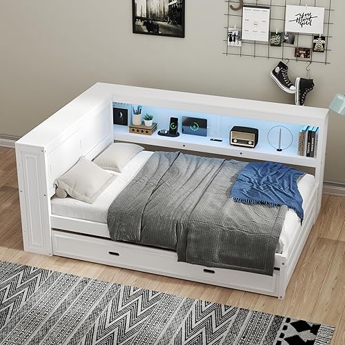 Merax Full Corner Bed Frame with Storage Shelves, Full Size Daybed with Trundle & LED Light, and Charging Station, Wooden Slat Support, Corner Beds for Kids, Teens,White