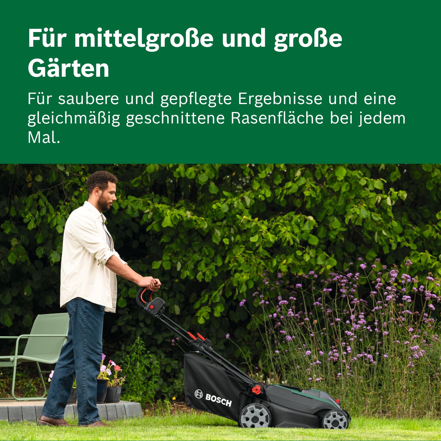 Bosch Akku-Rasenmäher ROTAK18V2-43 (Schnittbreite: 43 cm, Schnitthöhe: 30-75 mm, 50 l Stoff-Grasfangkorb, Mulchstopfen, inkl. 2 x 18V Akku und Ladegerät)