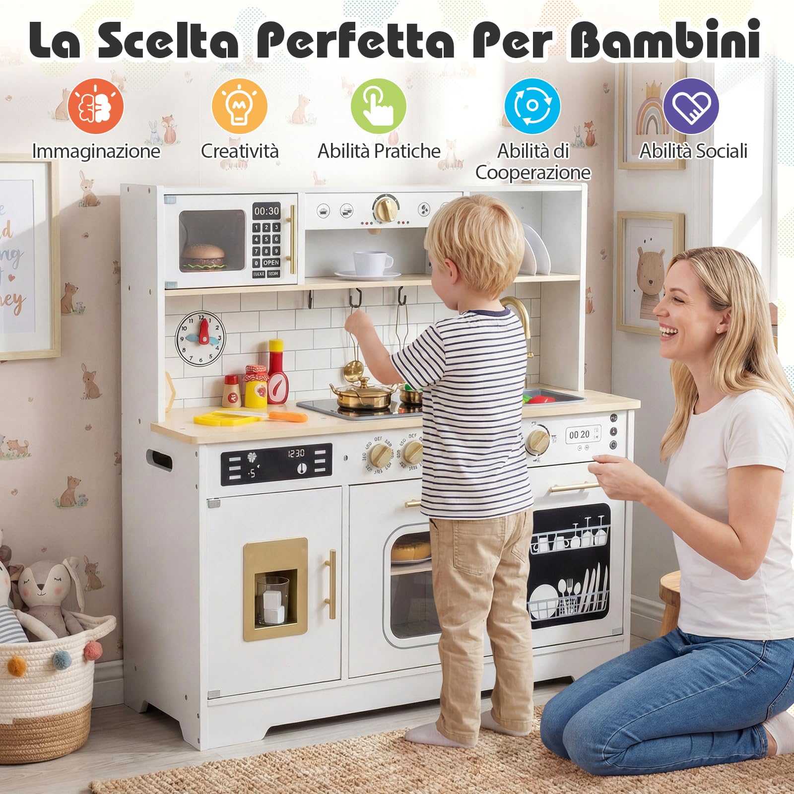 COSTWAY Cucina Giocattolo per Bambini, Set Cucina in Legno con Luci e Suoni Realistici, Fornelli, Lavandino, Rubinetto, Forno, Microonde e Macchina del Caffè, per Bambini 3+ Anni (Bianco)