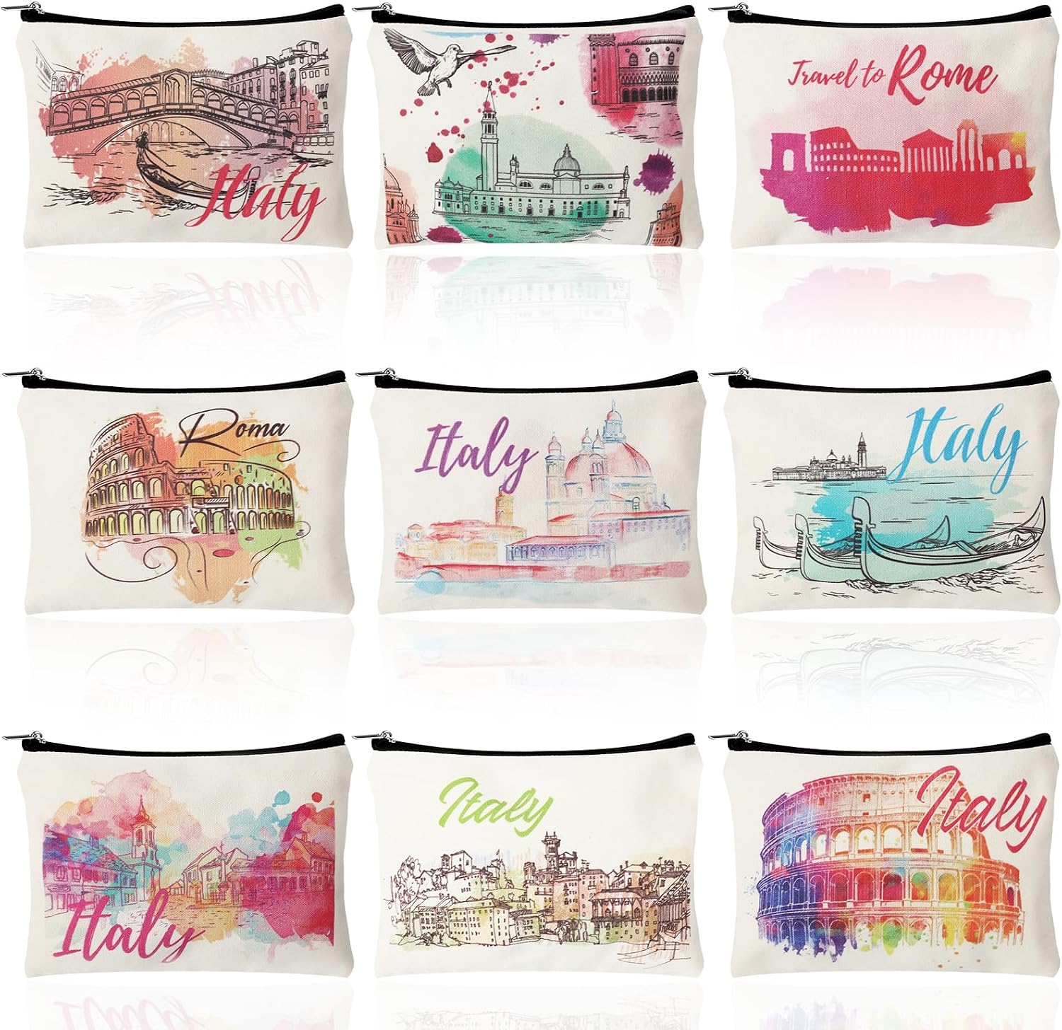 9 PCS Italy Travel Gifts Makeup Bag Small Cosmetic Pouch for Women Teen Girls, Italian Travel Essentials Travel to Rome Cute Zipper Pouch Souvenir Gifts for Vacation Travellers Birthday Graduation