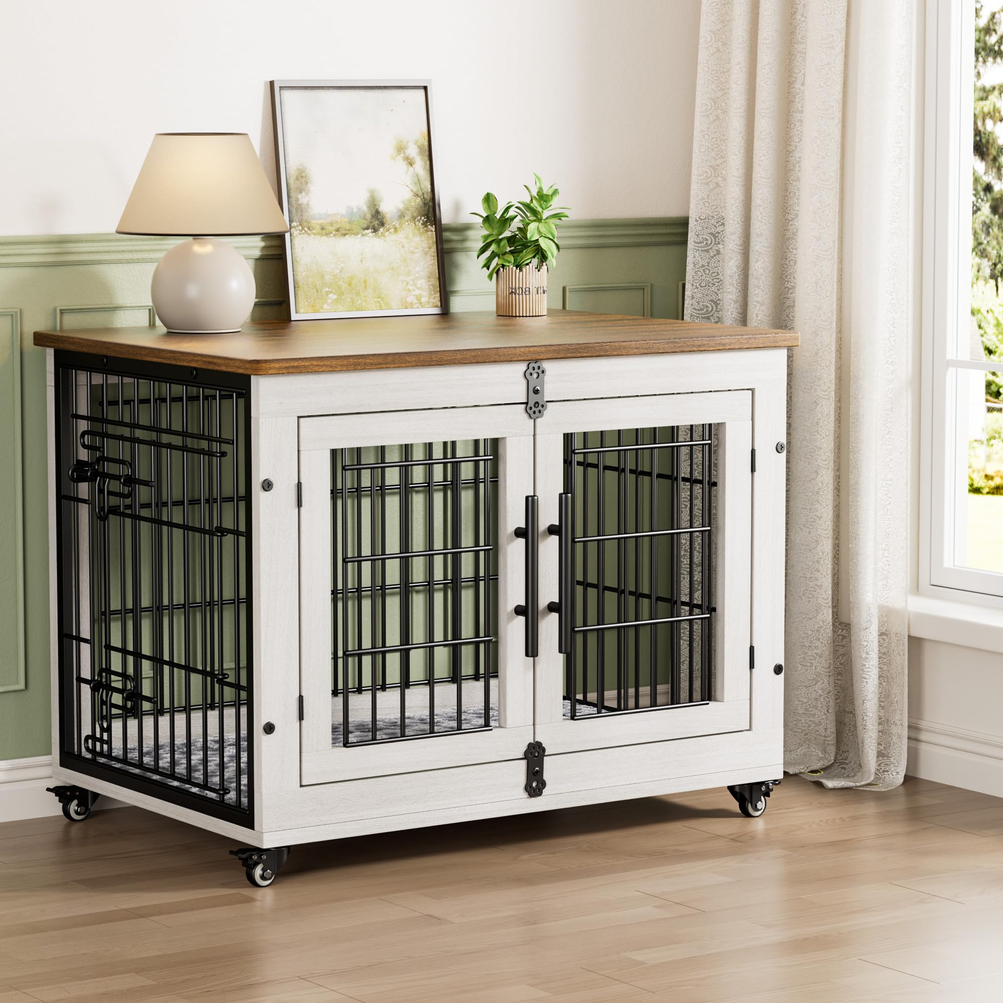 Medium Dog Crate Furniture, 32'' Heavy Duty Kennel w/Cushion &amp; Wheels
