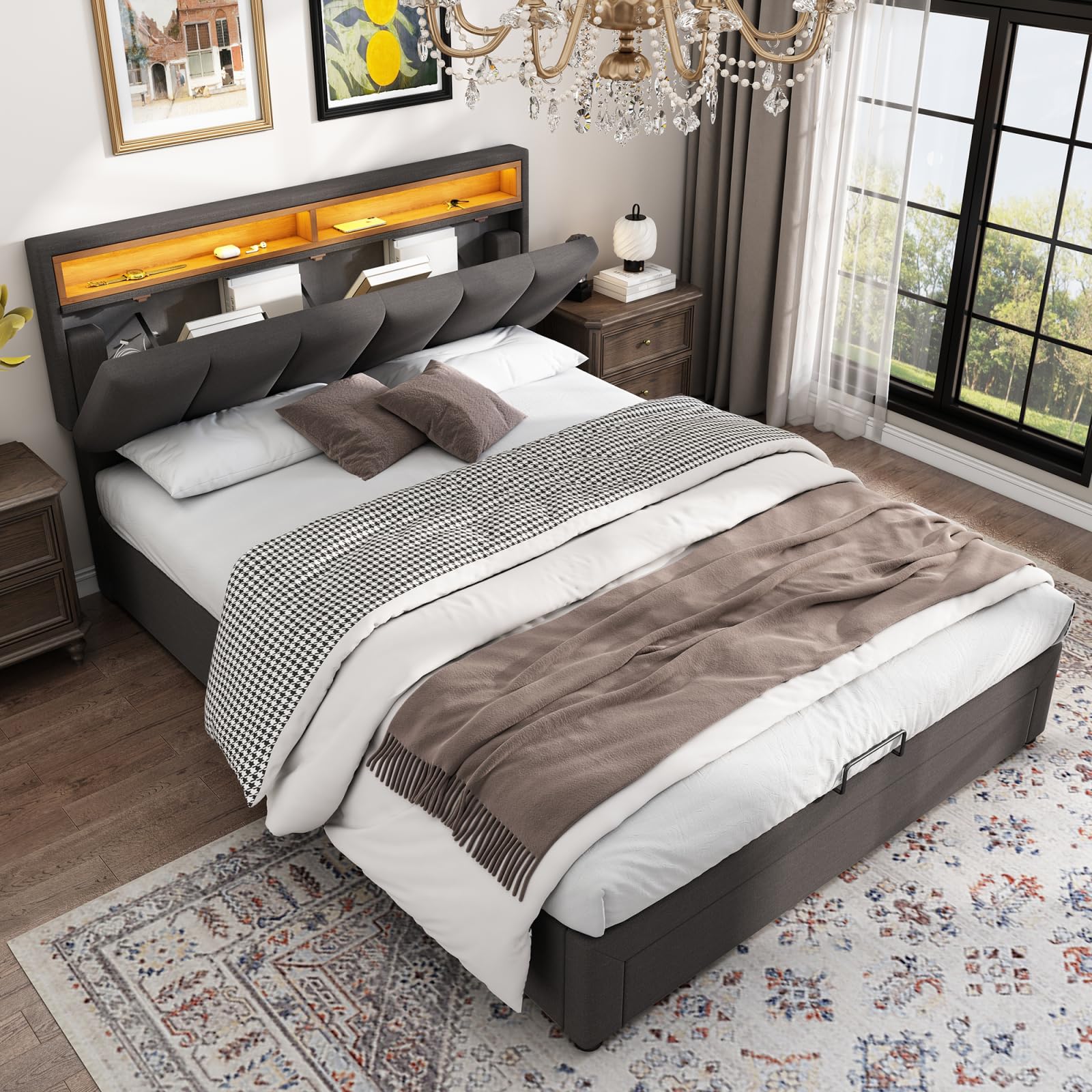 Cama con Almacenamiento HidráUlico 140x190,Cama Doble Tapizada con LED,Camas Acolchadas con 2 Cajones,Cama Funcional Juvenil,Camas Matrimoniales (Gris+Lino-A)