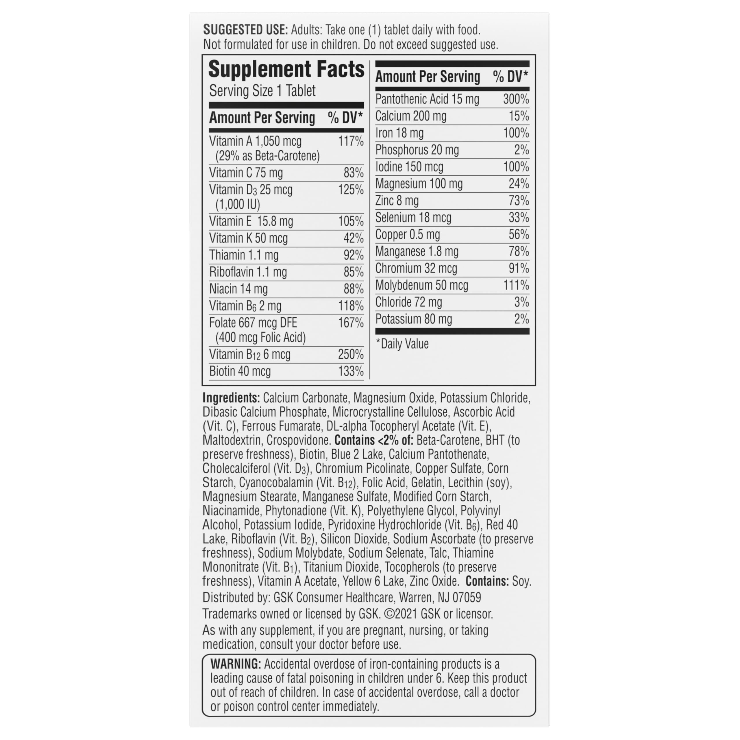 Centrum Multivitamin for Women, Multivitamin/Multimineral Supplement with Iron, Vitamin D3, B Vitamins and Antioxidant Vitamins C and E, Gluten Free, Non-GMO Ingredients - 65 Count