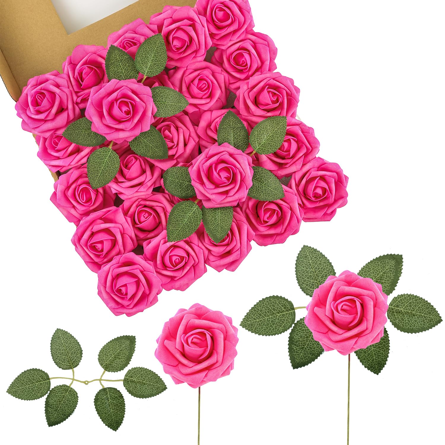 LEUCHTAMOR 50Pcs Artificial Roses Flowers Hot Pink Fake Rose Real Touch Foam Roses Heads for Wedding Bridal Bouquets Centerpieces Floral Arrangement Party Home Decoration