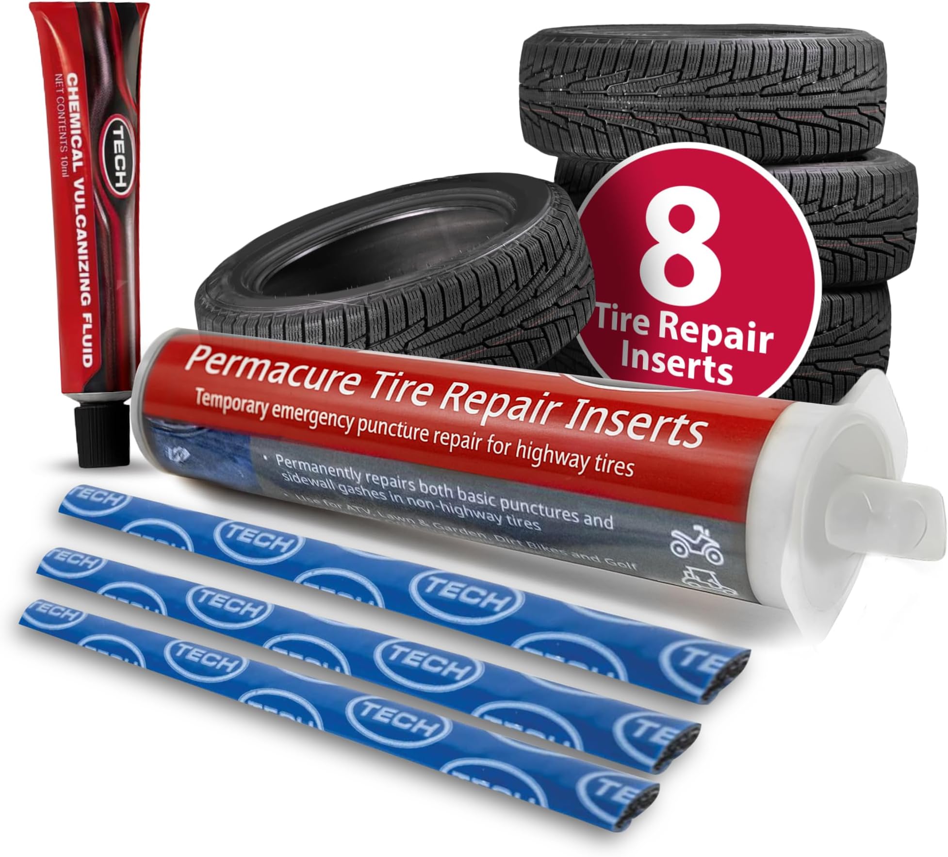 TECH Permacure Tire Repair Refill Kit - The Ideal Size Tire Repairs and Tools for Passenger Cars, Light Trucks, SUVs, Trailers, ATVs, Golf Carts, Farm Equipment and More (8 Repairs, No Tools)