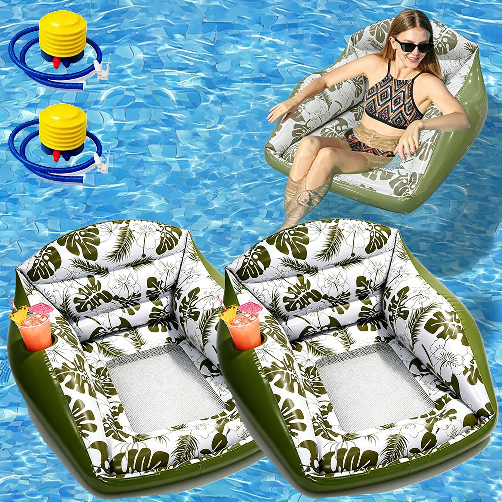 U-Shaped Water Inflatable Pool Float, 3-In-1 Lounge Chair Pool Float with Cooling Mesh Seat, Adult Floating Ergonomic Lounger for Outdoor Holiday Beach Travel Party Lake River (2PCS-B)