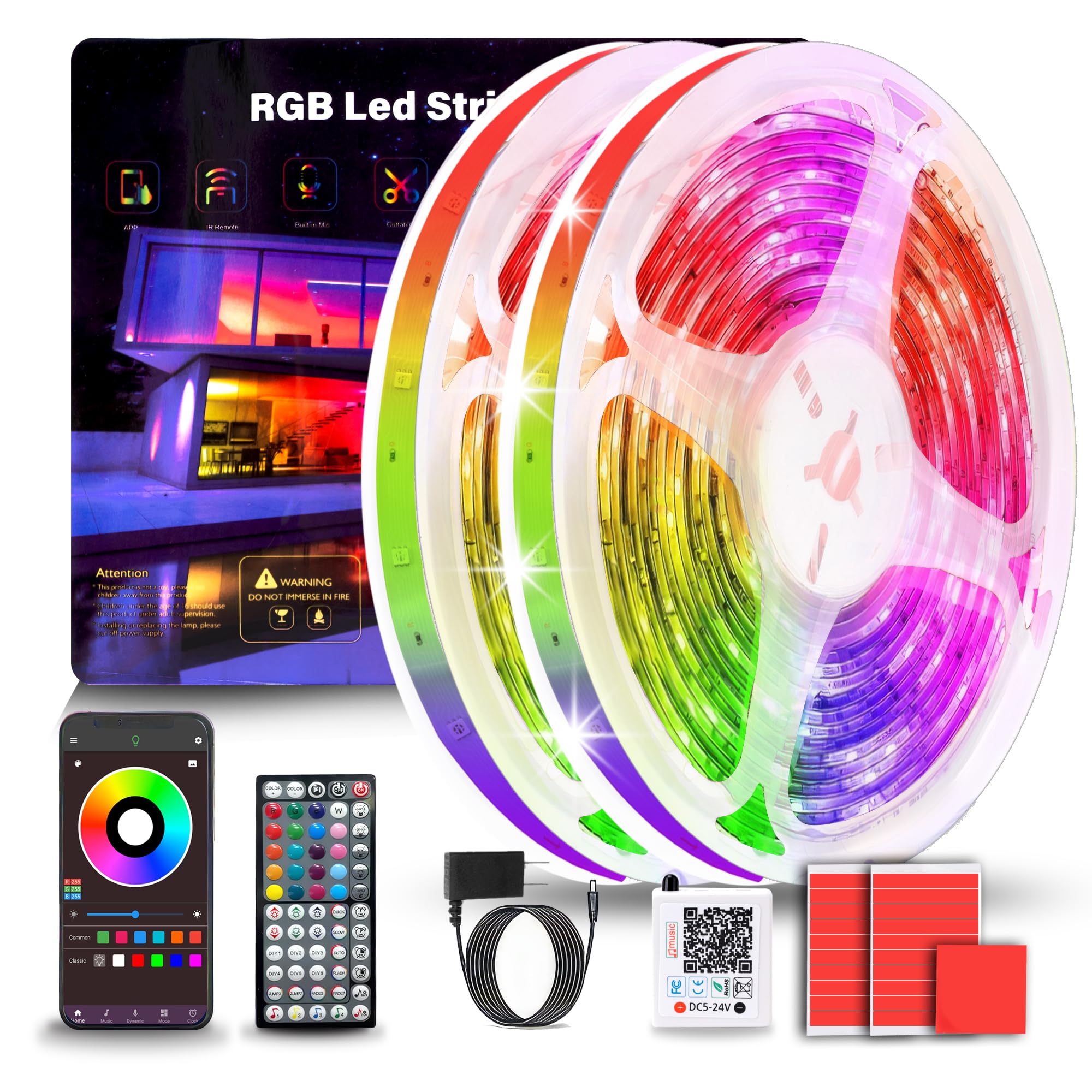 NBBUFF Led Lights for Bedroom 200FT (2 Rolls of 100ft), Color Changing RGB Led Strip Lights with 60 Keys Remote and App Control, Music Sync Led Lights