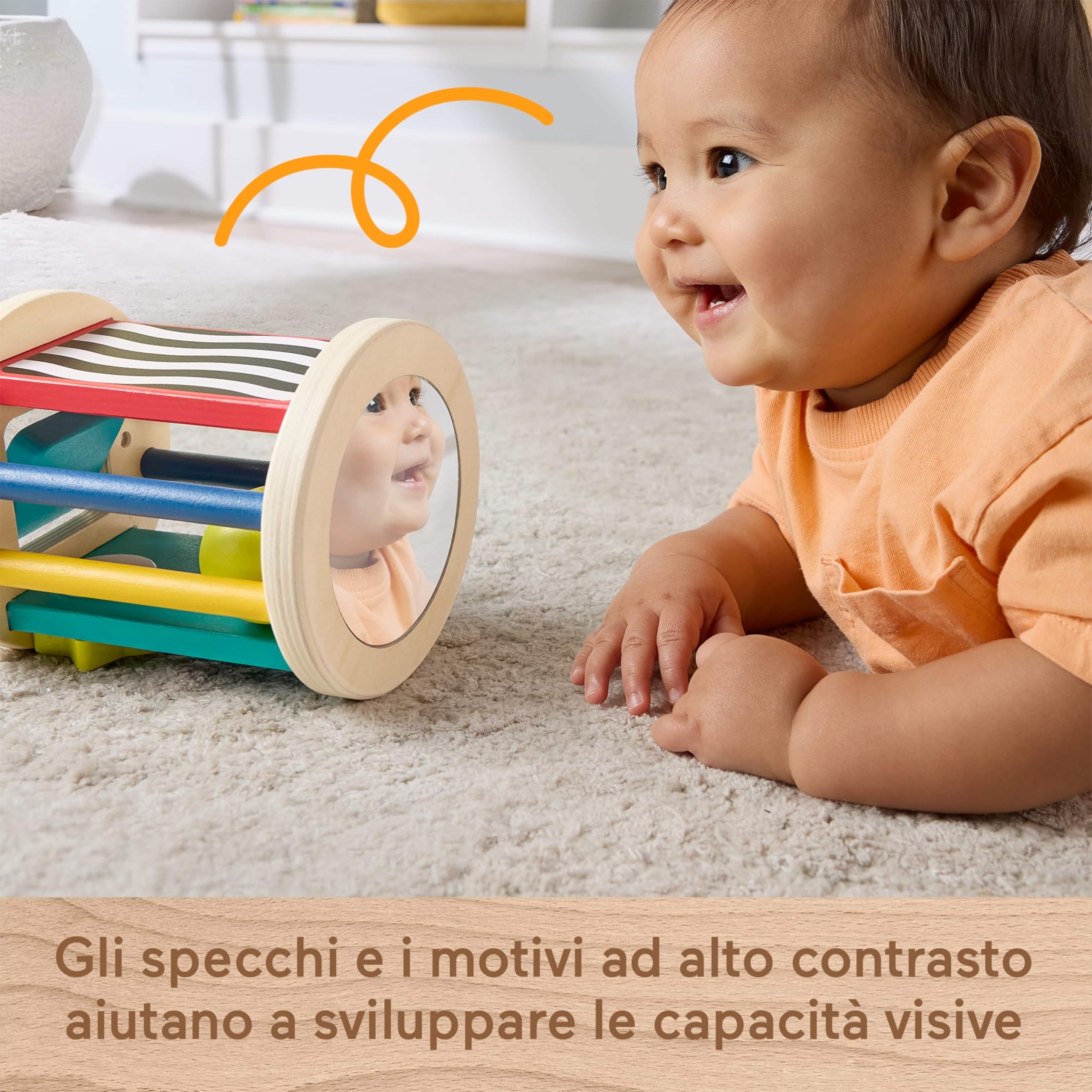 Fisher-Price - Rullo Gattona con Me, Giocattolo in Legno Che stimola Il Gattonamento, Suoni sensoriali, levette cercaforme e Specchio per la Scoperta di sè Inclusi, 6+ Mesi, JKH17