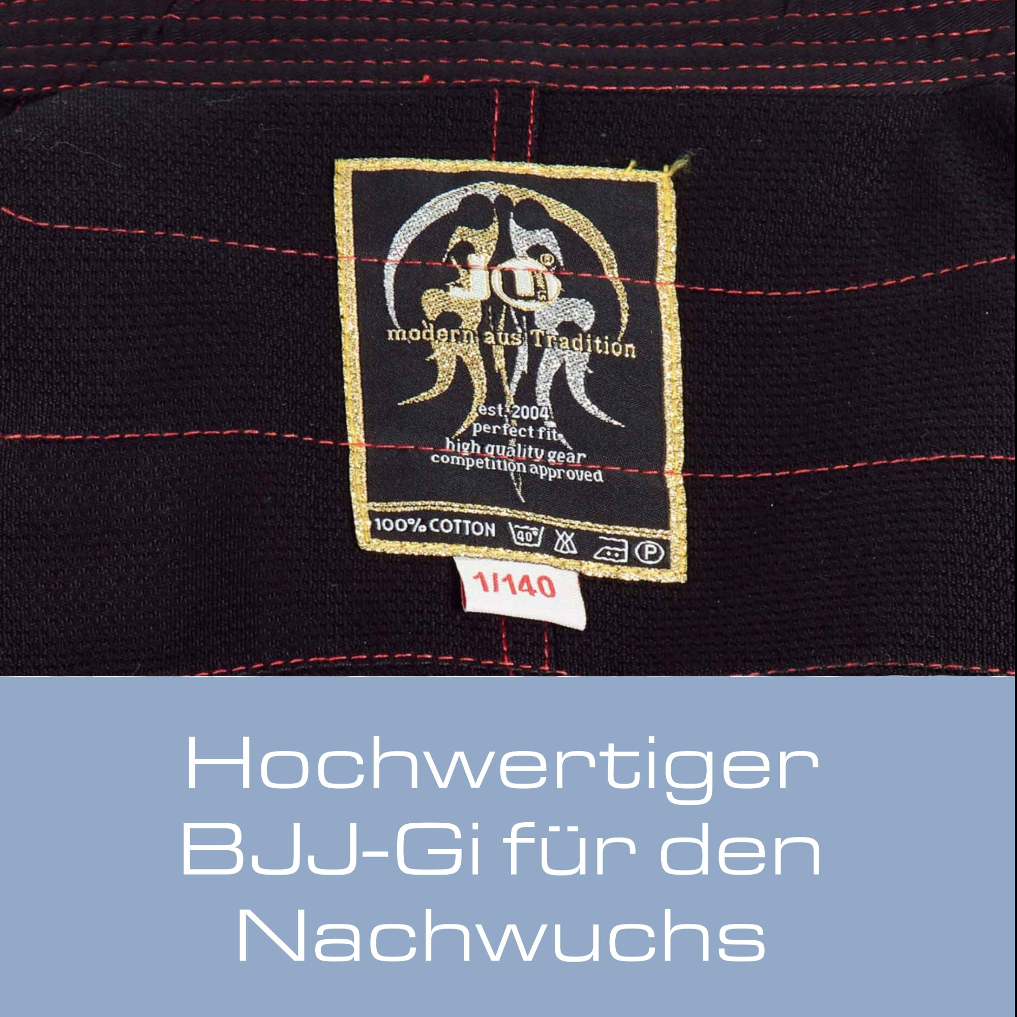 Ju-Sports BJJ Gi Kids schwarz - Leichter, schlanker Brazilian Jujutsu Anzug speziell für Kinder, BJJ Gi im bunten Design inkl. weißem Gurt, 100% Baumwolle