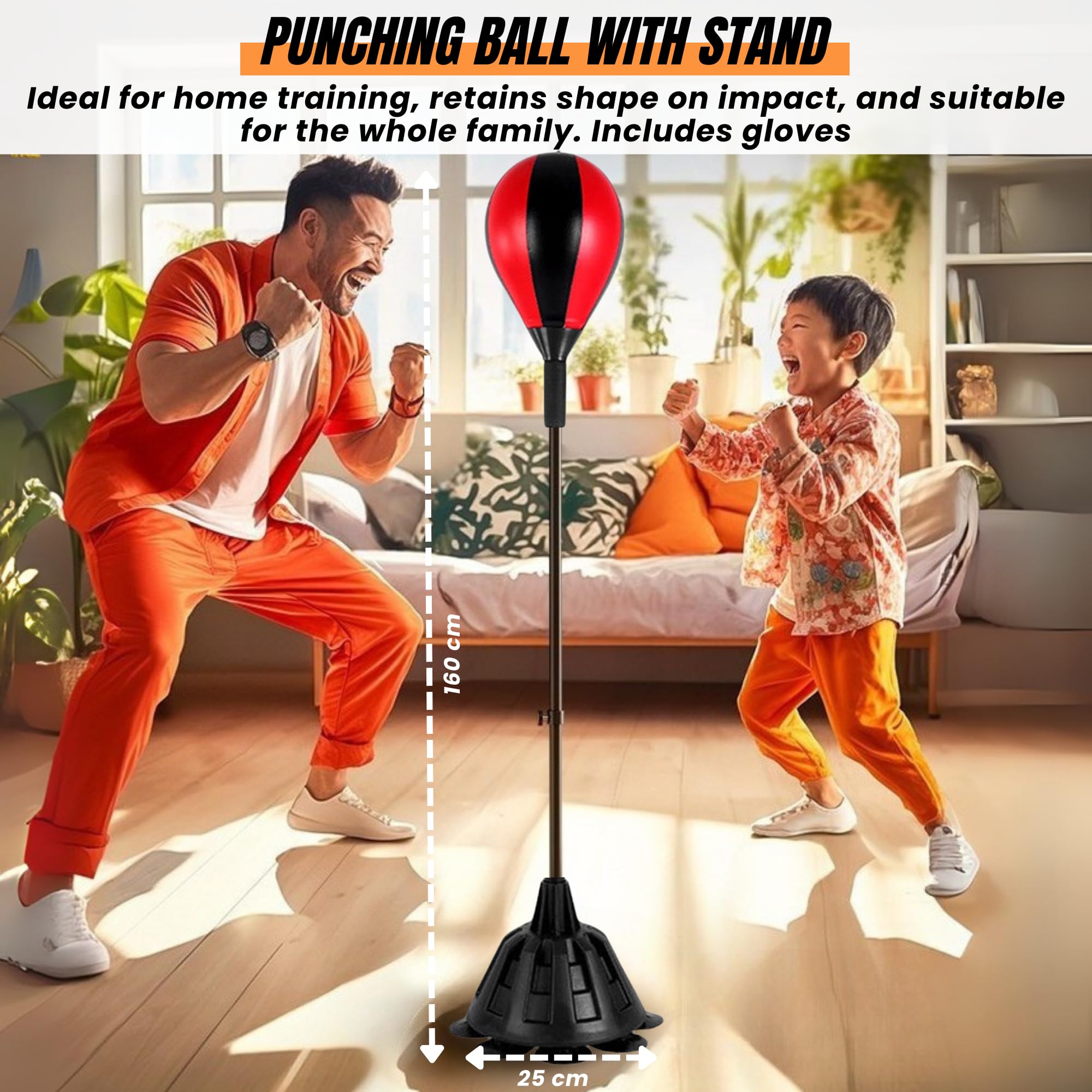 Bola de Boxeo con Soporte Ajustable, Saco de Boxeo Vertical, Base Fija, Incluye Guantes, Inflador y Destornillador. Pelota de PU de Alto Rebote. Entrenamiento en Casa Ideal para Niños y Adultos.