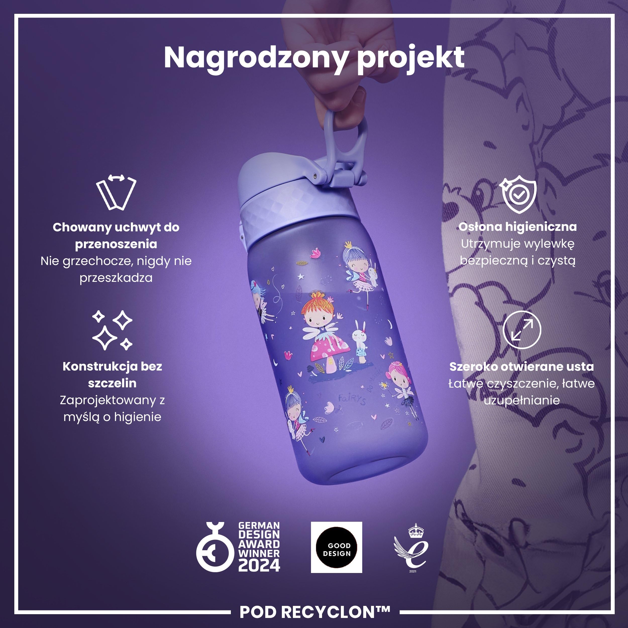 ION8 Butelka dla Dzieci, 350 ml/12 oz, Szczelna, Łatwa do Otwarcia, Bezpieczny Zamek, Można Myć w Zmywarce, Bez BPA, Uchwyt do Przenoszenia, Łatwa do Czyszczenia, Bezwonny, Wróżki