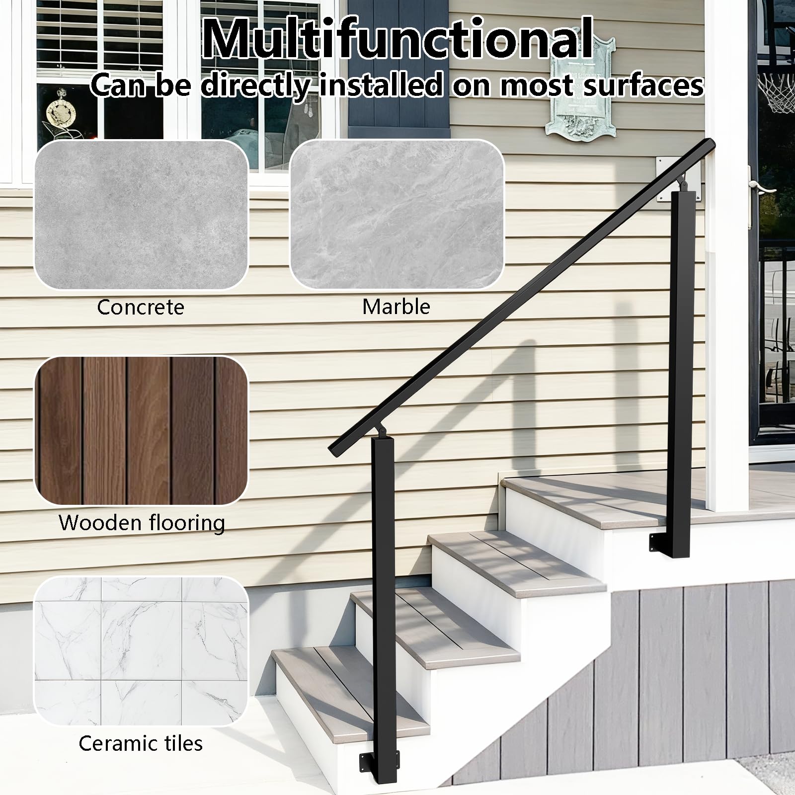 Corrimano scale, ringhiera per scale esterne, corrimano nero, ringhiera scale, ringhiera esterna, corrimano scale esterne per scale, interni ed esterni, balcone, parapetto (Side mount)