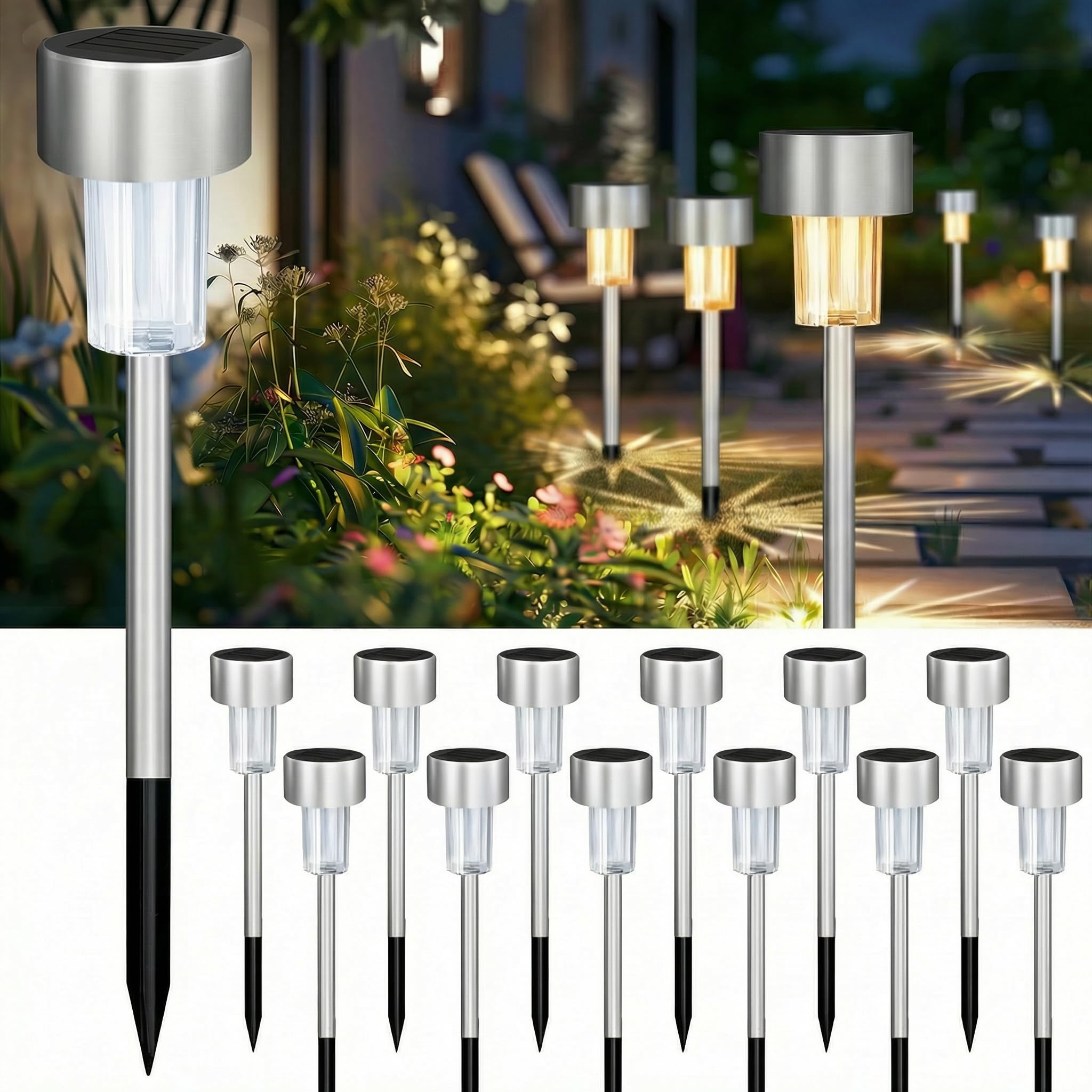 Jsdoin 12 Stück Solarleuchten für Außen Garten, Premium Echtglas & Edelstahl Solarlampen für Außen, Wasserdicht IP44 LED Wegbeleuchtung, Auto Ein/Aus Gartenleuchten für Wege, Rasen & Terrasse