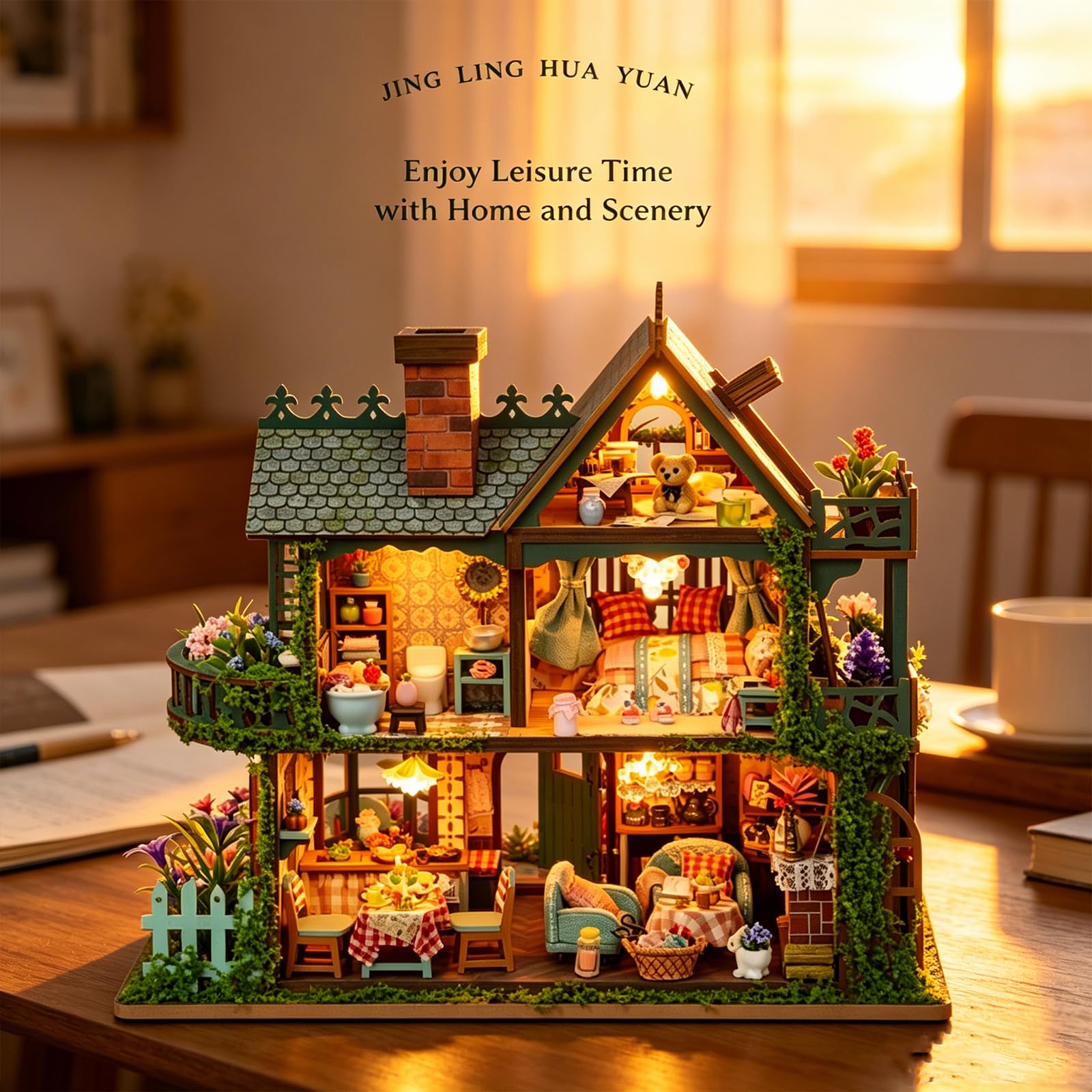 Zestaw do samodzielnego montażu miniaturowego domku dla lalek, Domek w lesie ForestCottage, ręcznie wykonany z drewna, miniaturowy domek z lampkami LED, dla dorosłych, wyjątkowy prezent dla nastolatkó