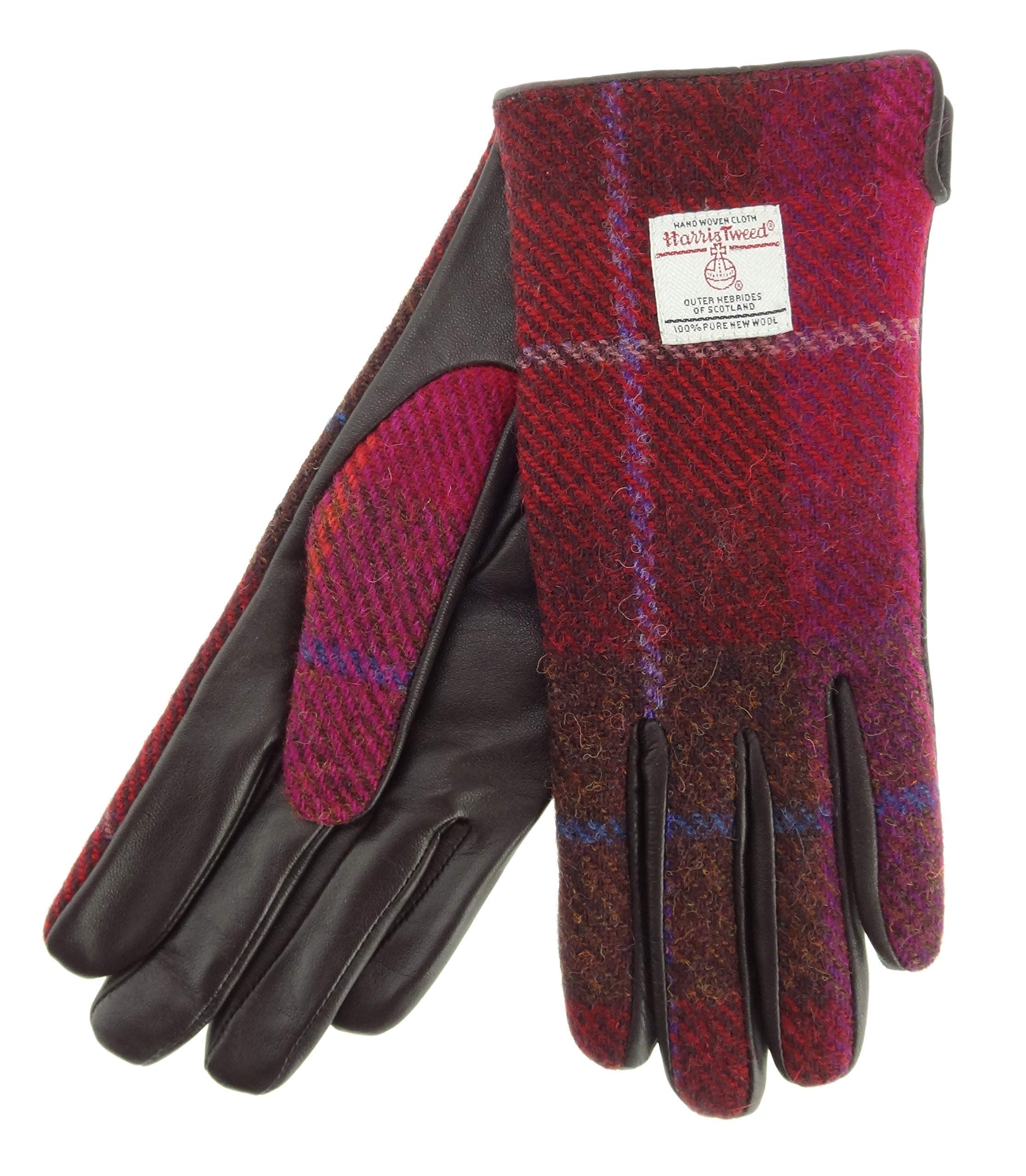 Highland Tweed Women's Pink Authentic Harris Tweed & Real Leather Gloves Check Lb3001 Col 52 (Large)