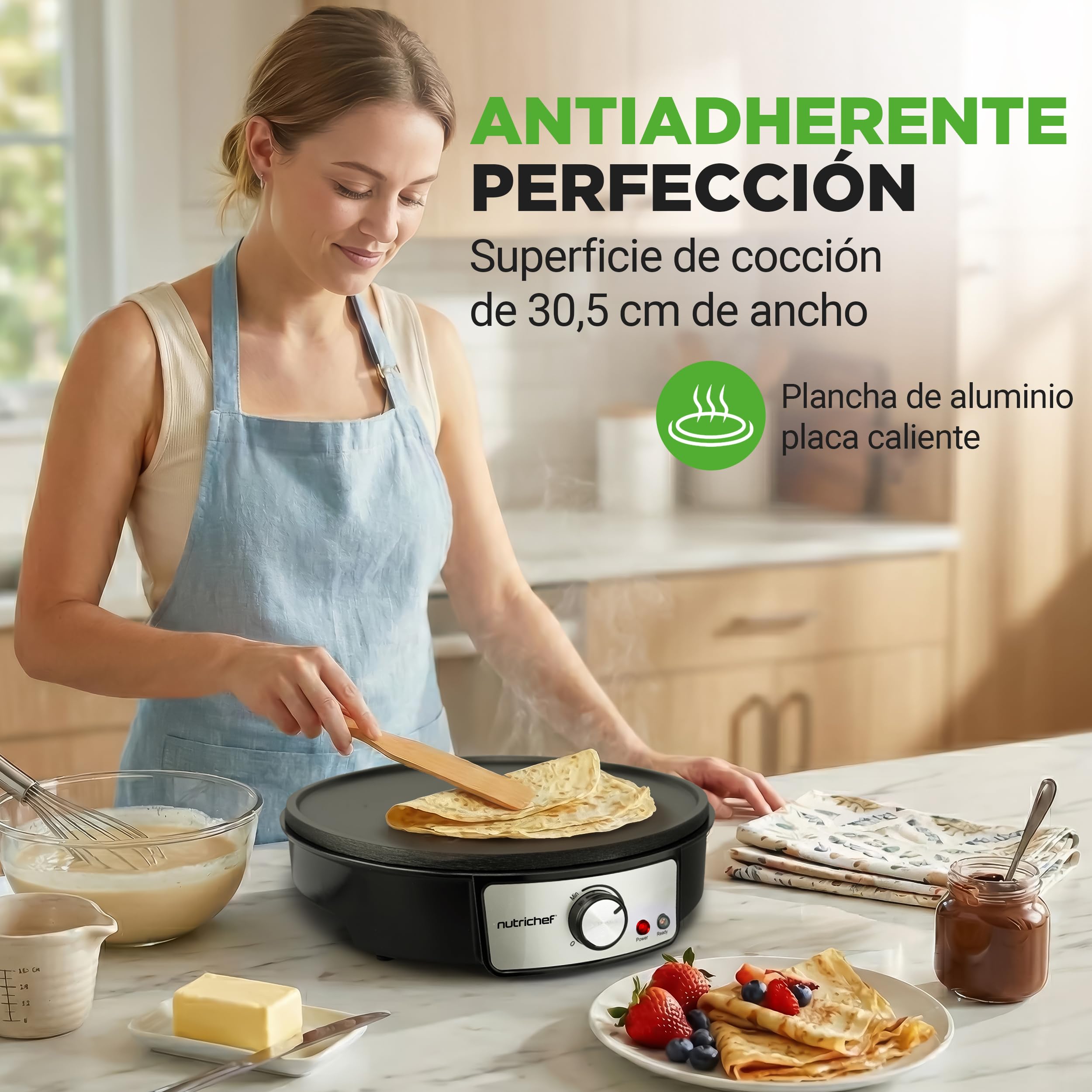 NutriChef crepera electrica, Plancha de cocina, Placa antiadherente, Luces indicadoras LED, Control de temperatura ajustable, Incluye espatula de madera y esparcidor de masa