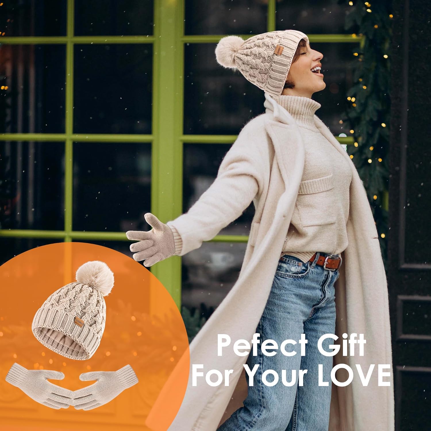 Women Winter Beanie Hat Gloves Set Pom Hat with Warm Fleece Lined Touchscreen Gloves for Cold Weather - Image 6