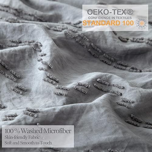 Miniatura 3 de BEDAZZLED - Juego de funda de edredón tamaño King de 3 piezas suave y bordado estilo holgado moderno y bohemio hecho de 100  microfibra lavada