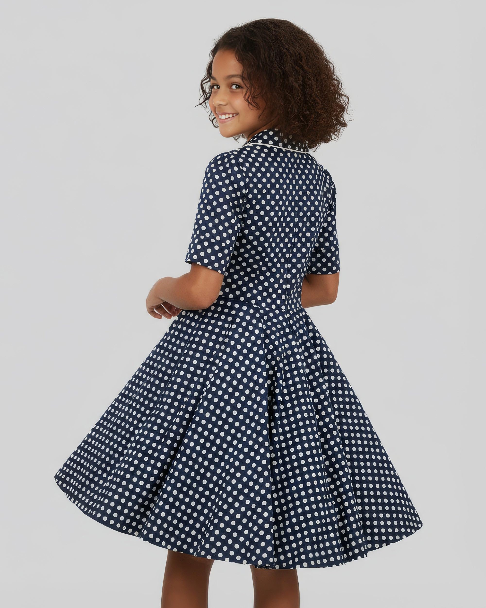 BlackButterfly Mädchen Kleid Sabrina Punkte | Tellerrock, Kurze Ärmel, Bubikragen, Knopfleiste, Gefüttert, Reißverschluss Seitlich, Zum Drehen, 3-14 Jahre