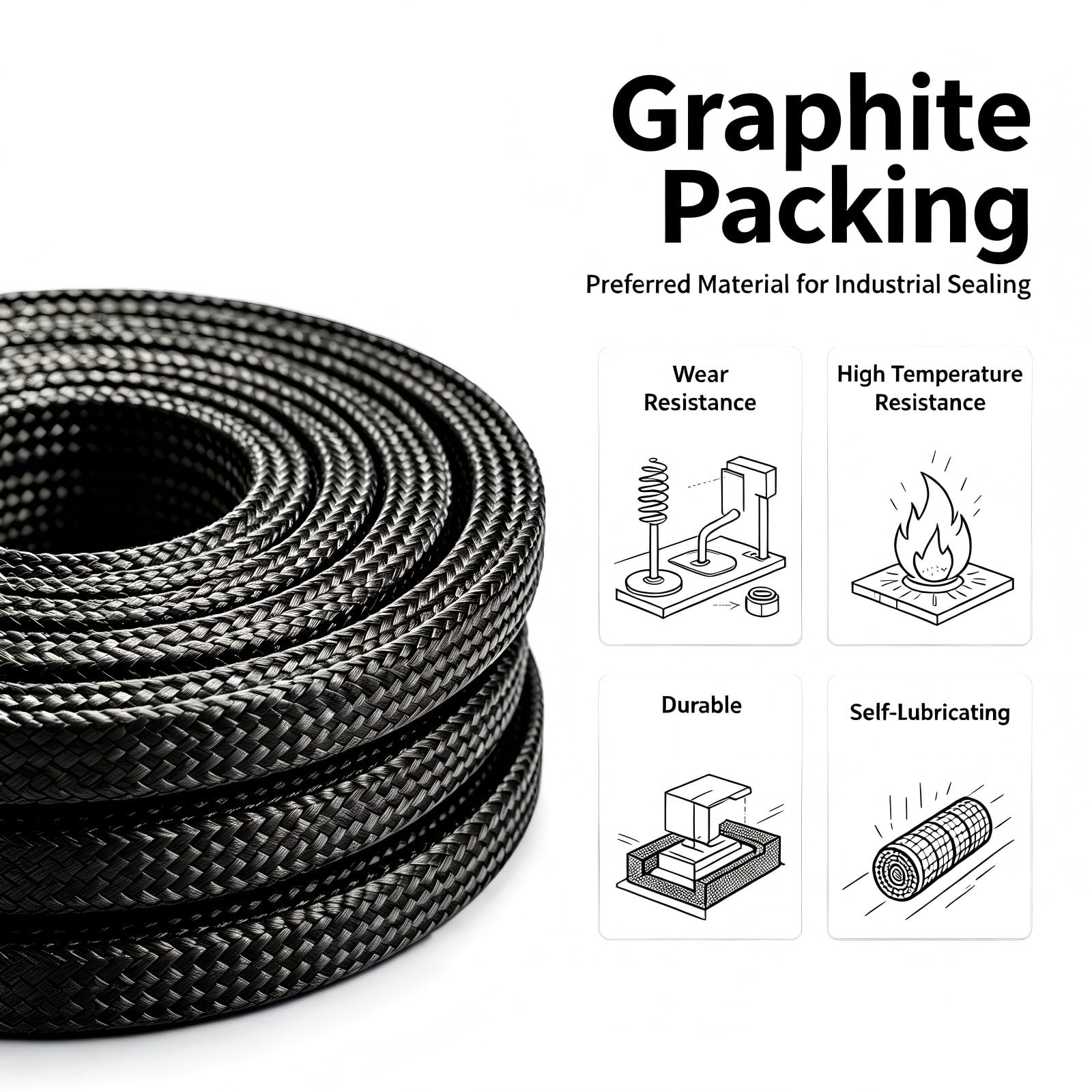 Expanded Flexible Graphite Pack. Graphite Braided Compression Pack, for Pump Gland, Valve Stem or Mechanical Seal (Size: 8mm×8mm×25m)