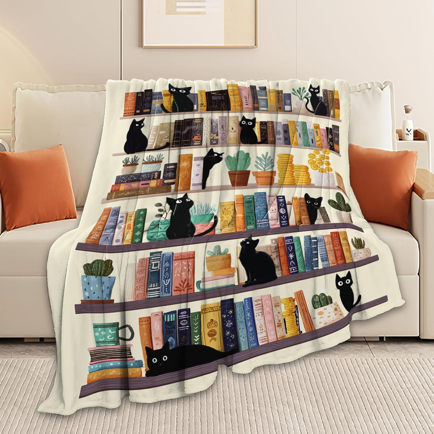 Black Cat Throw Blanket Book Cat Bookshelf Stuff Gifts for Kids Girls Boys Adults Women Men Soft Cozy Warm Plush Fluffy Fuzzy Fleece Blanket Decor 50''X60''