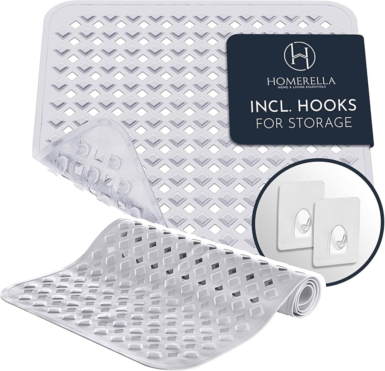 Homerella 1pc 34.5 x 15.5 inches Anti-Slip Bathtub Mat and 1pc 21 x 21 inches Non Slip Shower Mat, Machine Washable, INCL. Hooks for Hanging (Clear)
