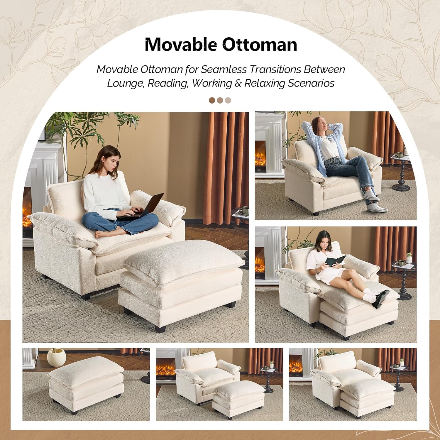 VINGLI Oversized Sofa Chair and a Half with Deep Seat & Movable 2-Layer Ottoman Set, Comfy Cloud Sofa Bed with Chaise, 1-Seater Modular Sectional Sleeper Couch for Living Room, Teddy-Fleece, Beige 6 81sfPv8hTqL. AC SL1500