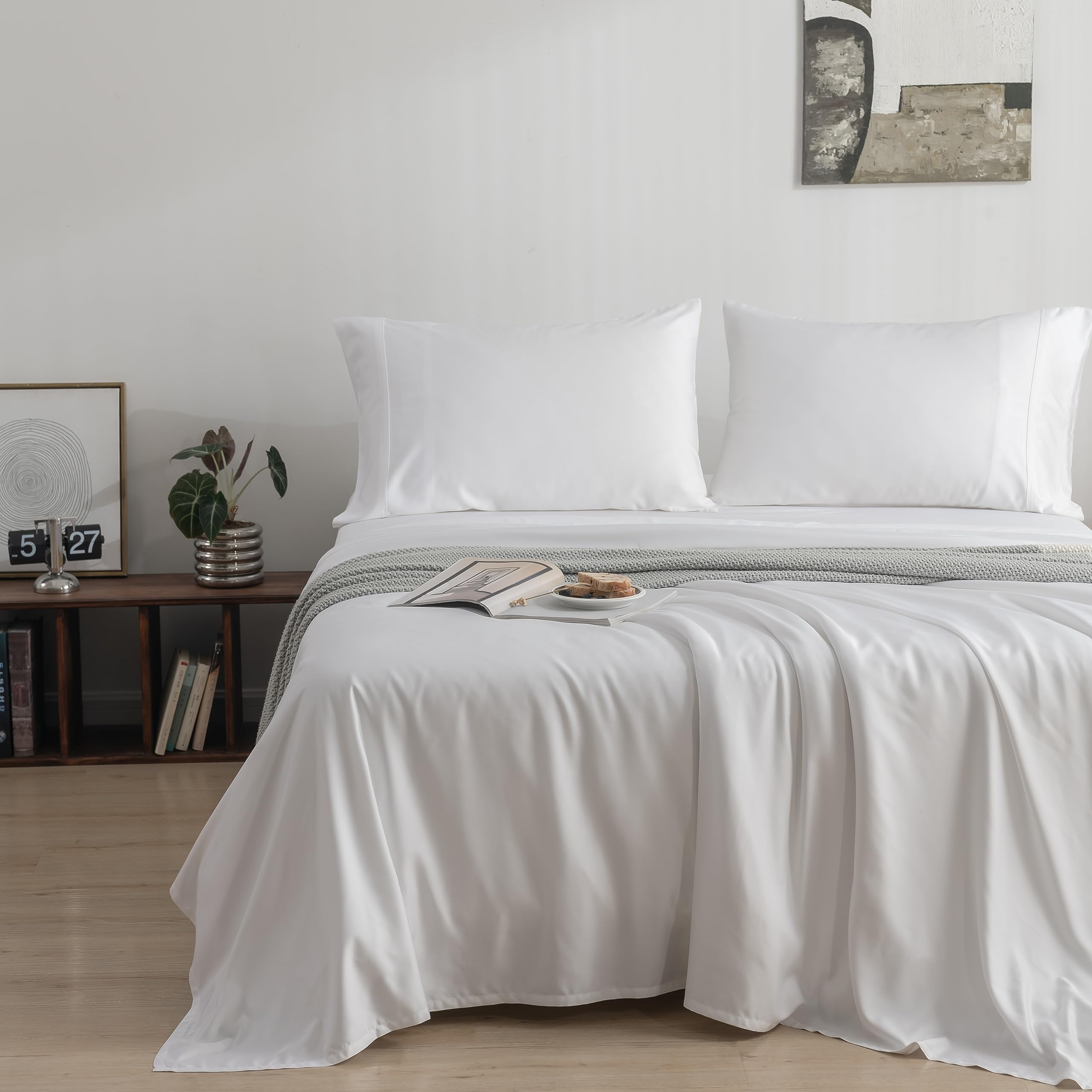 BamtekBamtek 100% Viscose from Bamboo Sheets Queen Size, Super Soft Bedding Set, 4PC Cooling Sheets for Hot Sleepers, Vegan Silk Moisture Wicking, Organically Grown Bedsheet, White - 60" x 80"OEKO-TEX STANDARD 100