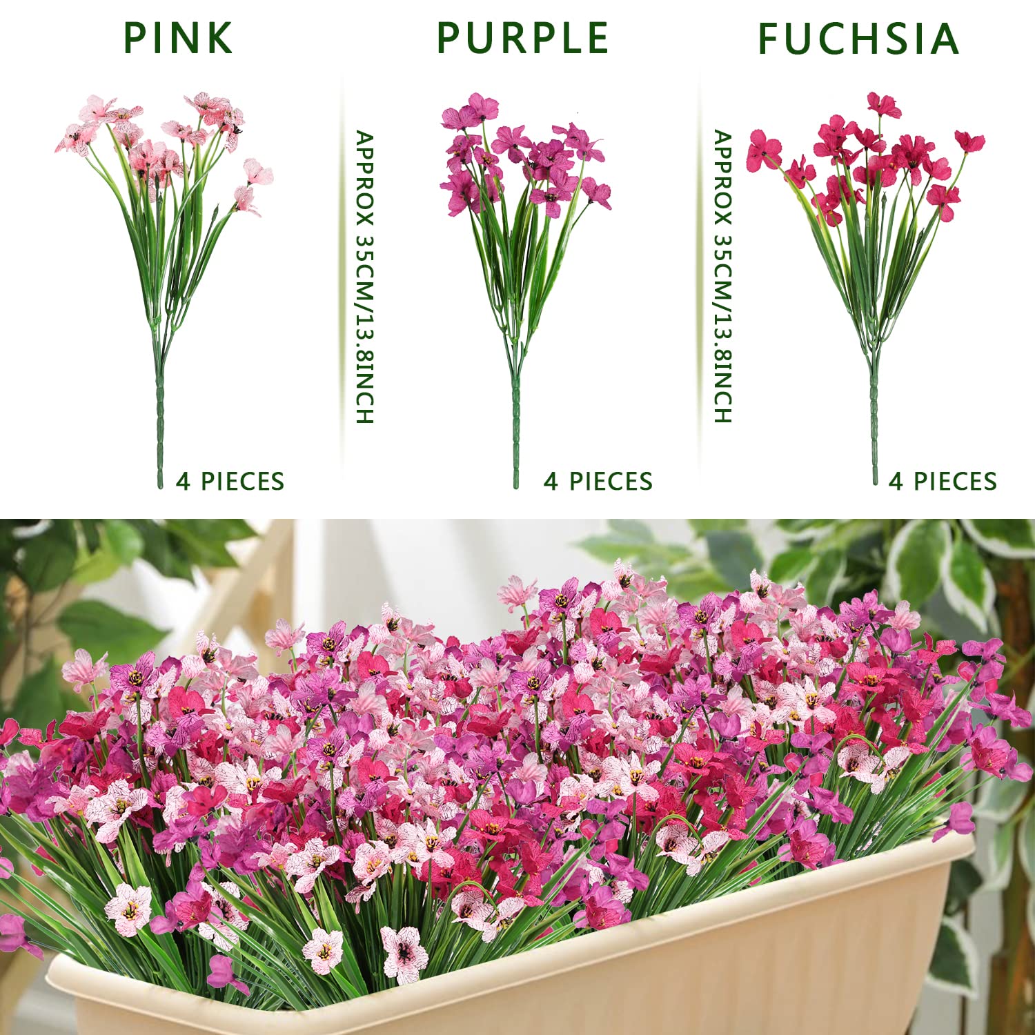 12 fasci di fiori artificiali per esterni, resistenti ai raggi UV, per la decorazione della casa, non scoloriscono, piante in plastica sintetica, per appendere giardino, portico, finestre (6 colori