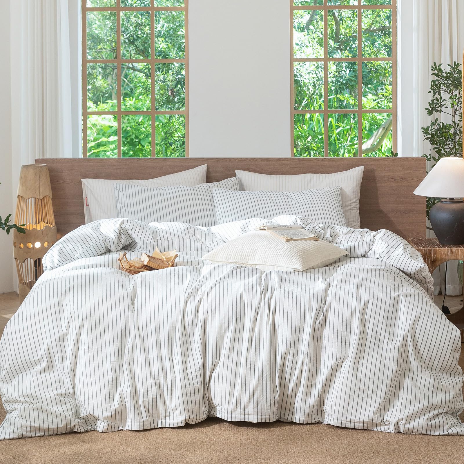 MooMee Striped Duvet Cover Set 100% Washed Cotton Linen Like