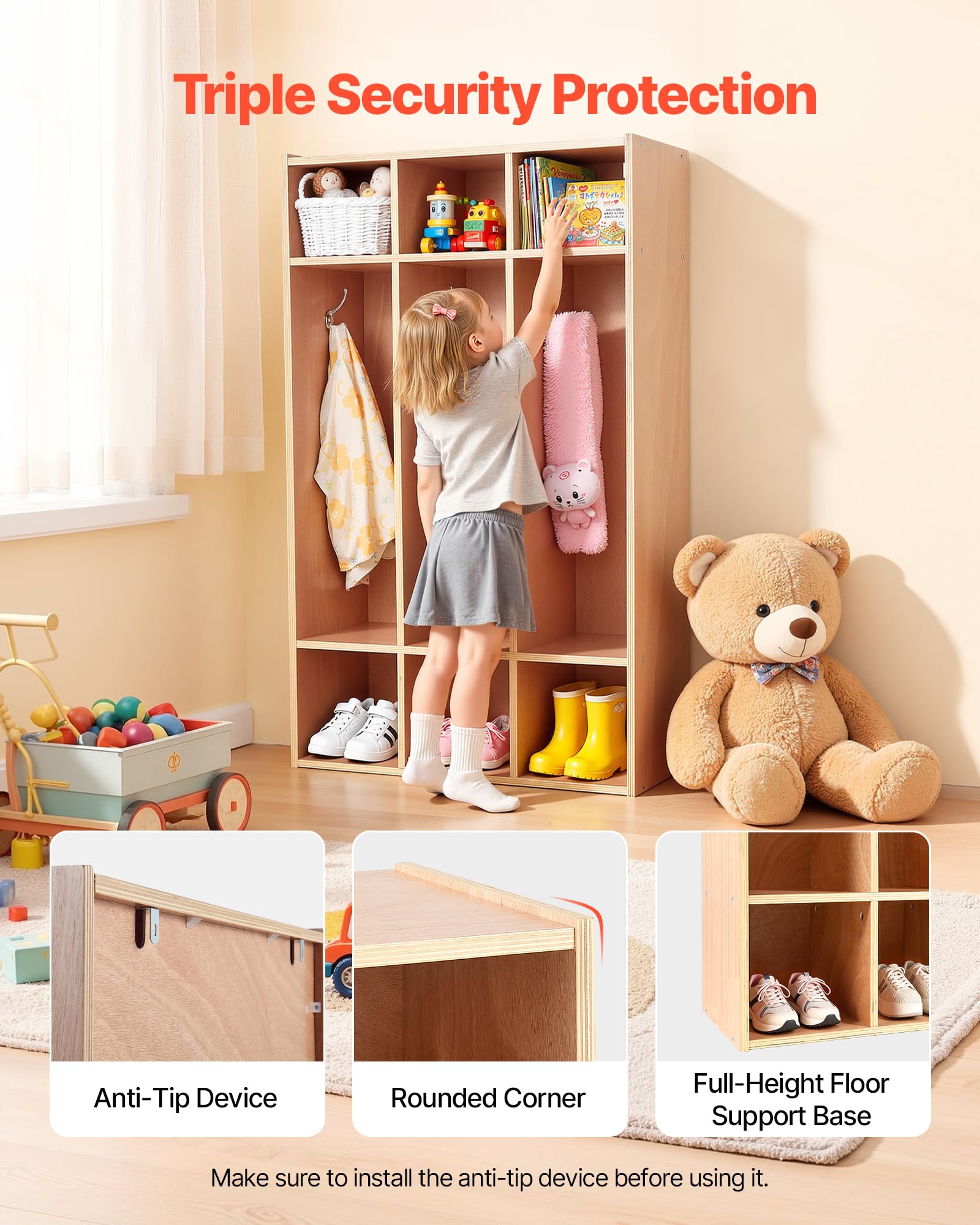 VEVOR Vestiaire 3 Enfants Ouvert, Penderie pour Enfants en Bois, Rangement pour Crèche Maternelle Garderie Maison, Meuble d'accueil Scolaire avec Casiers à Manteau et à Chaussures, Cases Supérieures