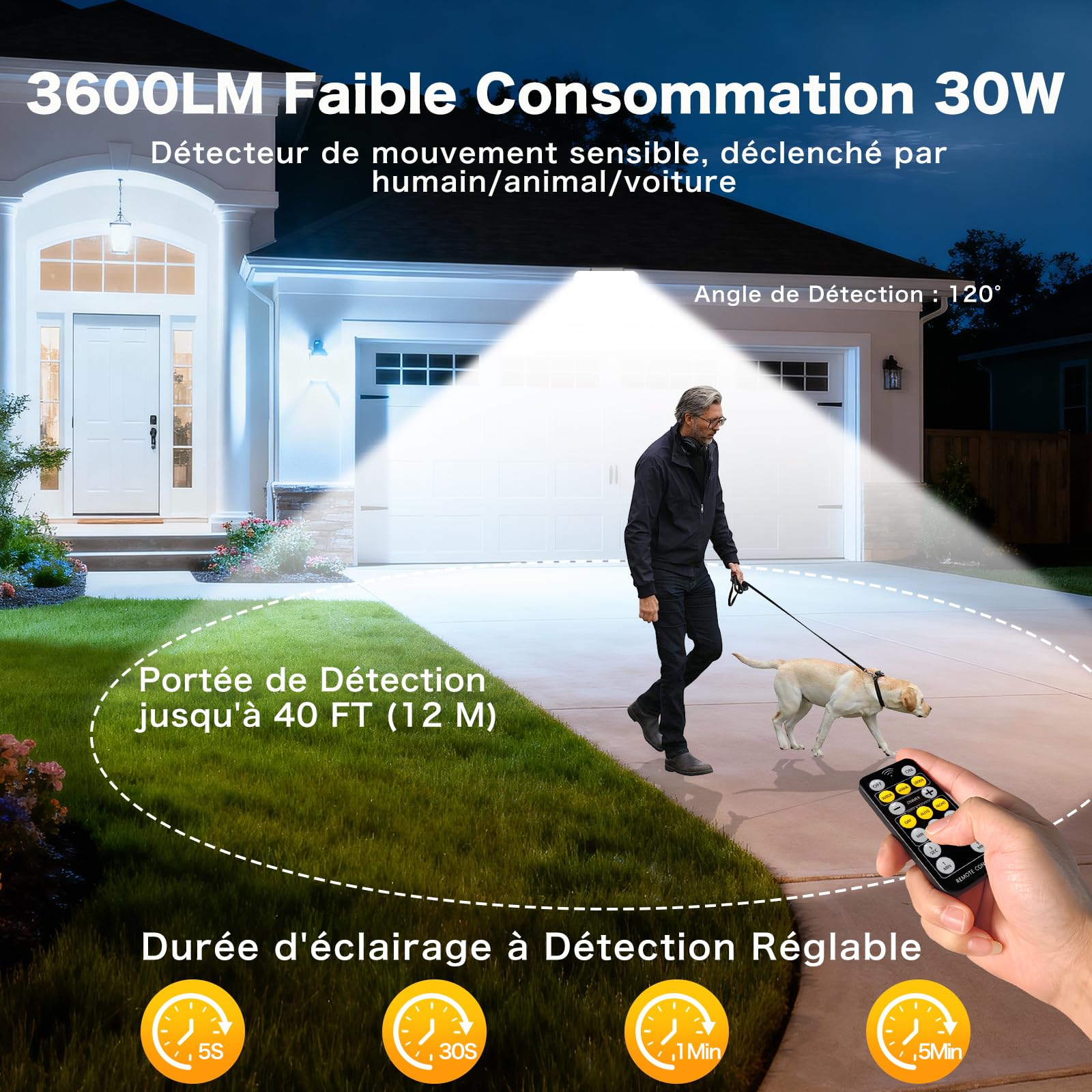 Projecteur LED Extérieur avec Détecteur et Télécommande 30W, Eclairage Exterieur 3600LM avec 132 Leds, Spot Led 3 Couleur & 4 Modes, Étanche IP65 Lampe de Sécurité pour Jardin, Cour, Garage
