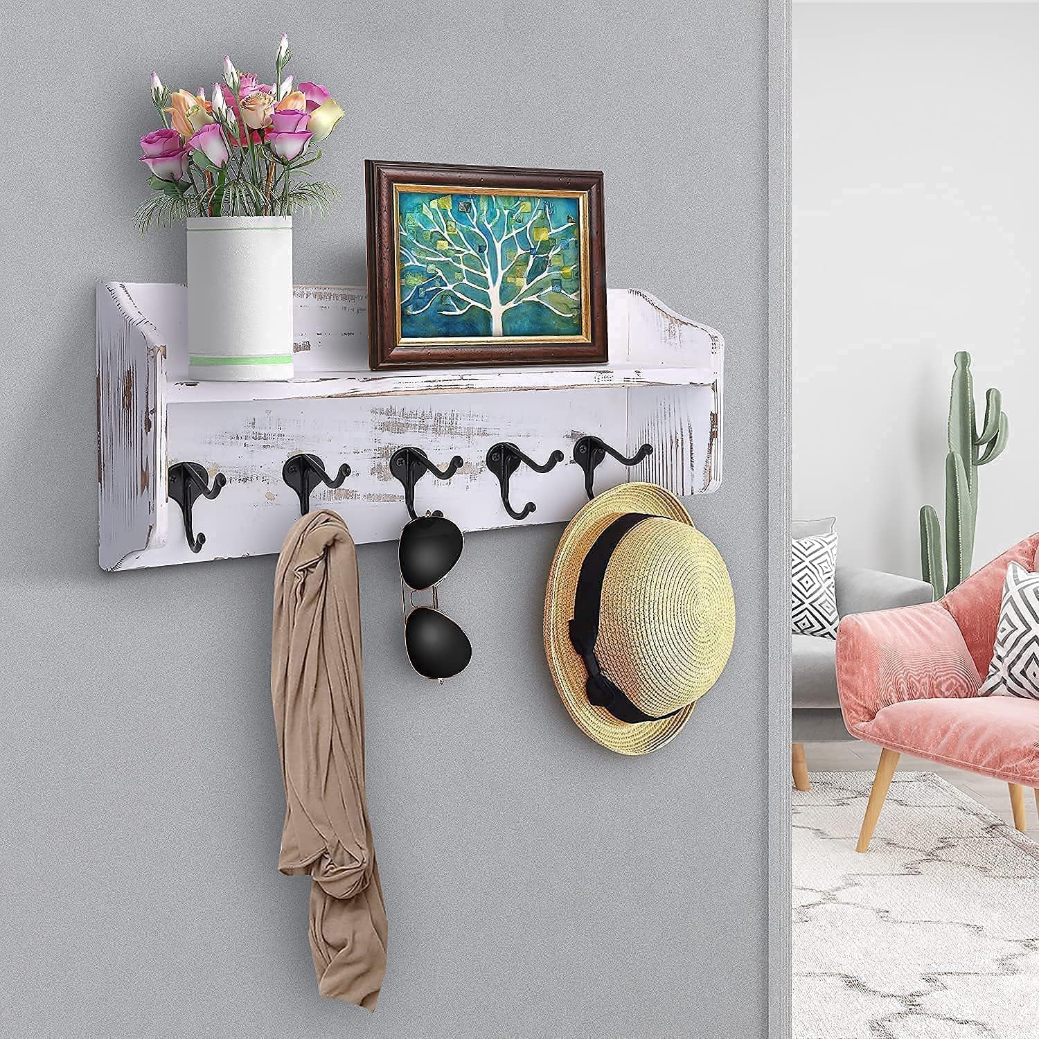 BIGLUFU Coat Hooks with Shelf Wall Mounted, Rustic Entryway Shelf with 5 Double Hooks, Farmhouse Coat Rack and Upper Shelf for Storage, Perfect for Your Entryway, Kitchen, Bathroom (White)