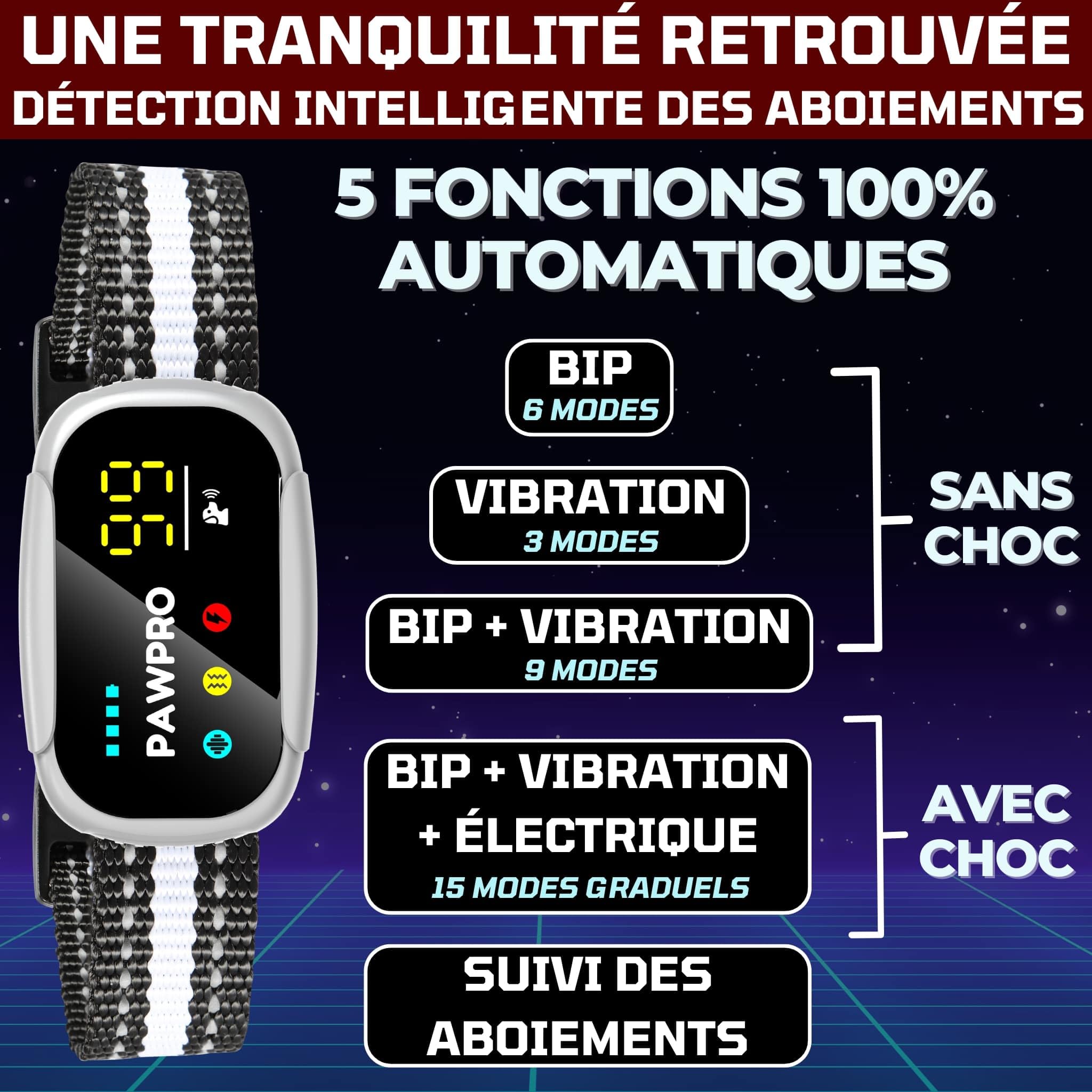 PAWPRO Collier Anti Aboiement pour Chiens, 4 Modes BIP Vibration Choc avec Suivi des Aboiements, Guide de Dressage Inclus, Automatique Rechargeable Étanche, Adapté à Tous Les Chiens, Marque Française