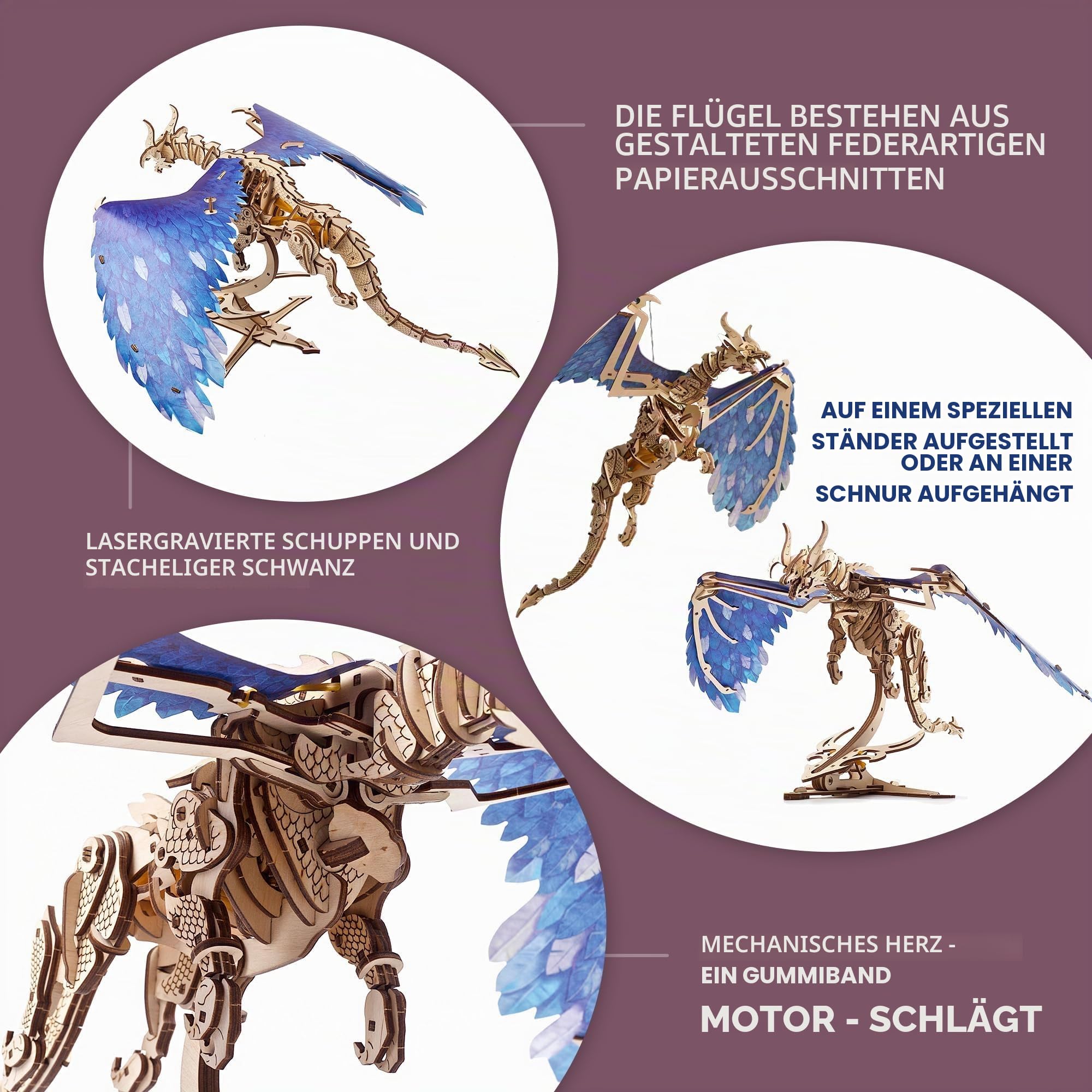 UGEARS 3D Holzpuzzle Erwachsene Sturmdrache Dragon 3D Puzzle Modellbausatz für Erwachsene und Jugendliche aus Holz DIY Mechanisches Holzbausatz Drachen Modell mit Gummibandmotor
