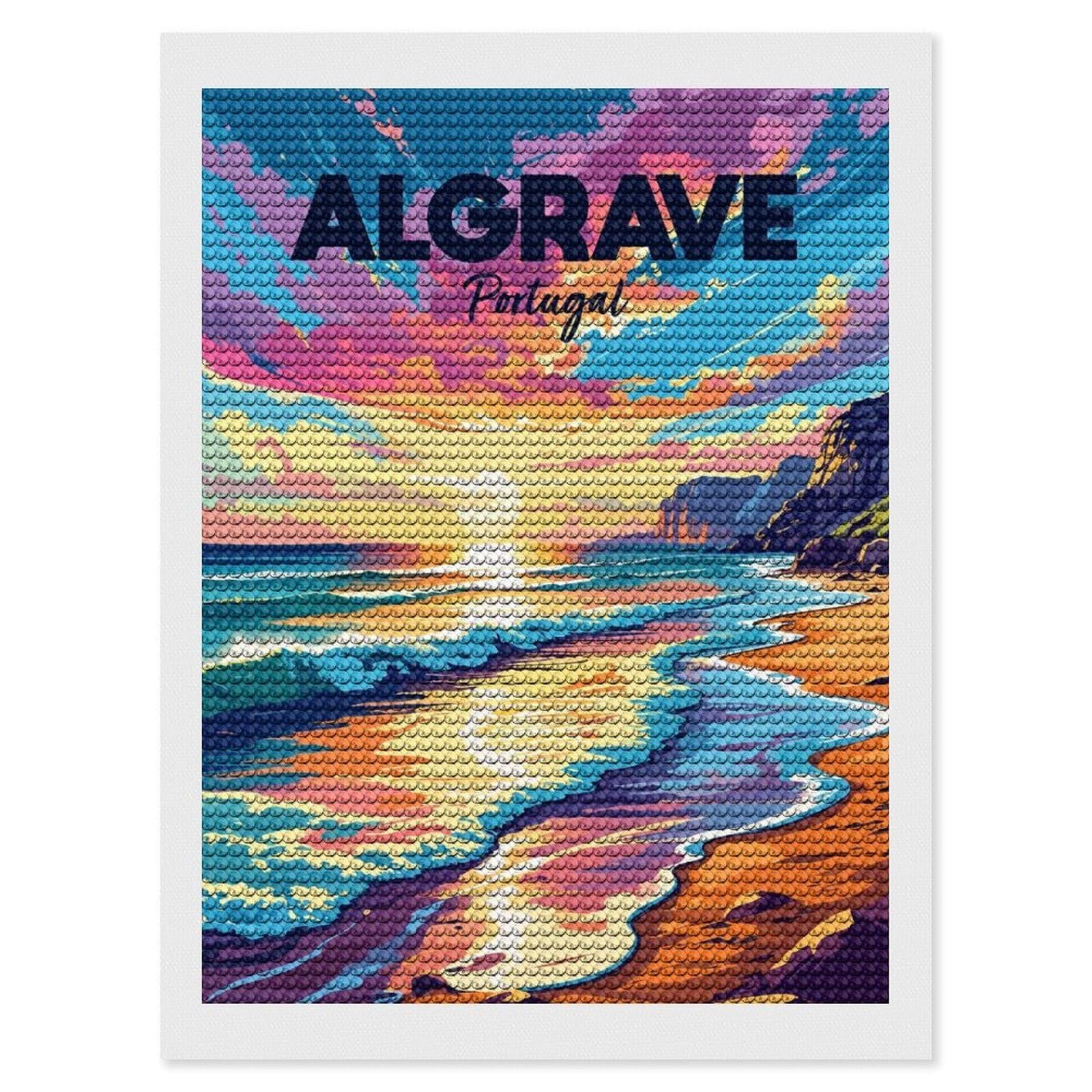 Junmoney Algarve Portugal Beach Sunset Art DIY Diamond Art Canvas Kit 12"x16", Simple to Start, Fun Craft Experience, Modern Decor, Gift Idea, Adhesive Canvas