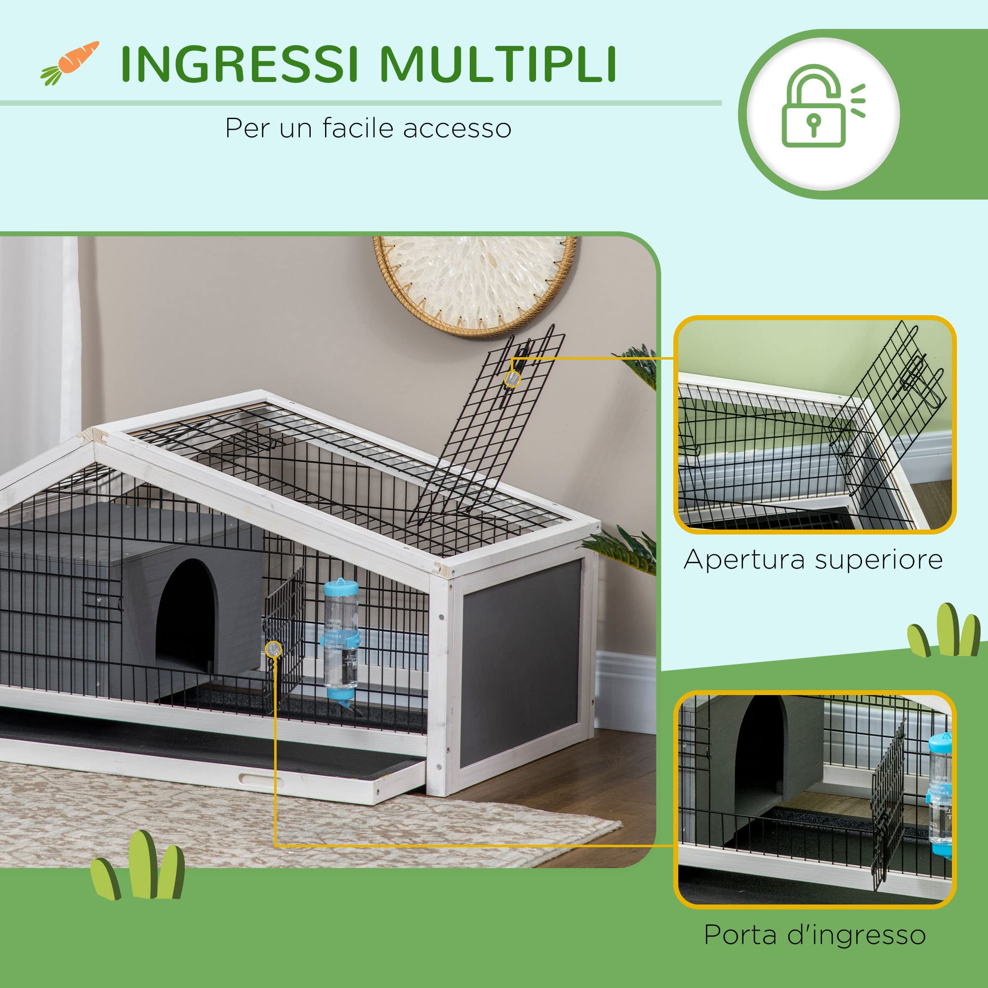 PawHut Gabbietta per 1 Conigli in Legno con Vassoio Estraibile, Casetta e Area Aperta, 90x53x50cm, Grigio Scuro