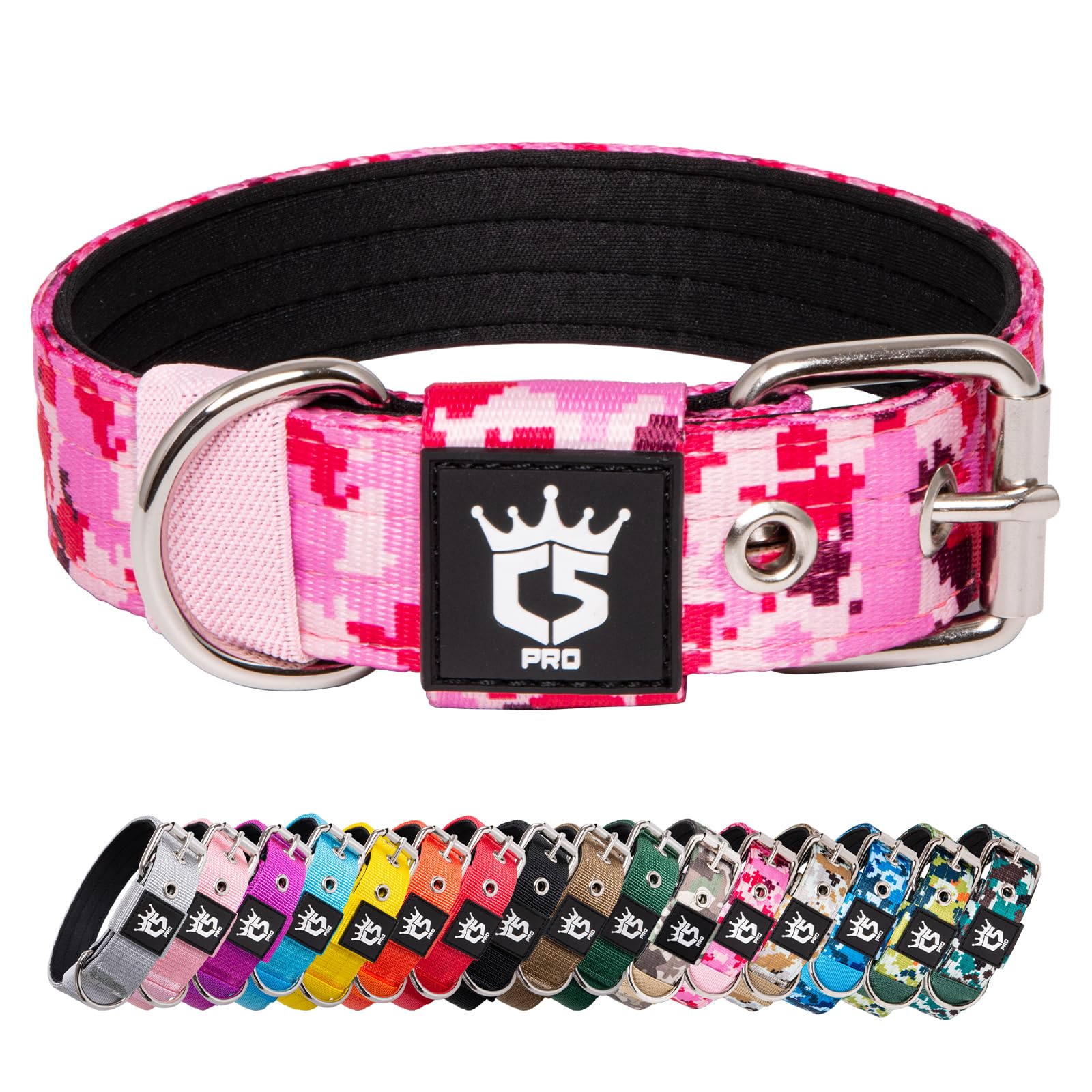 TSPRO - Collar táctico de 3,2 cm de ancho para perro. Collar fuerte y grueso de grado militar con hebilla de metal resistente para perro (rosa camuflaje, S)